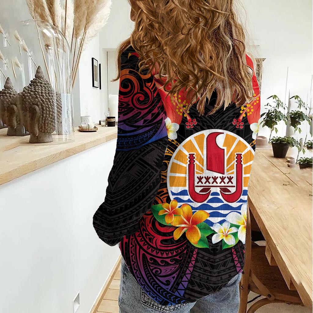 Französisch-Polynesien Bastille Day Damen Freizeithemd Tiare Blume und Nationalsiegel Polynesisches Muster LT03