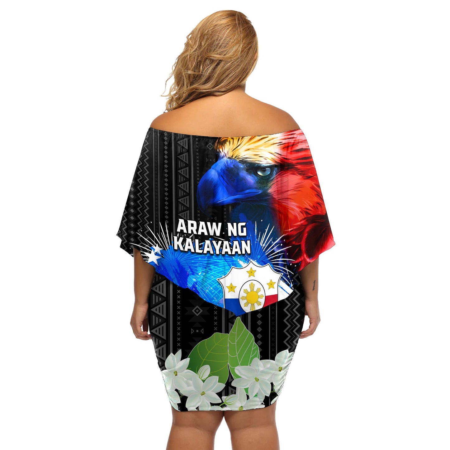 Philippinen Unabhängigkeitstag Schulterfreies Kurzes Kleid blumen Philippinen Adler und Sampaguita Jasmin Yakan Tribal LT03