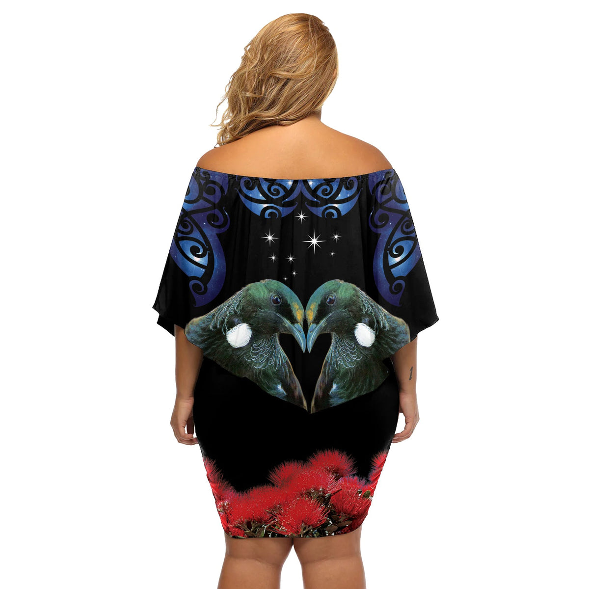 Neuseeland Maori Matariki Off Shoulder Kurzes Kleider blumen Hongi Tui Vogel Pohutukawa und Polynesien Tribal LT03