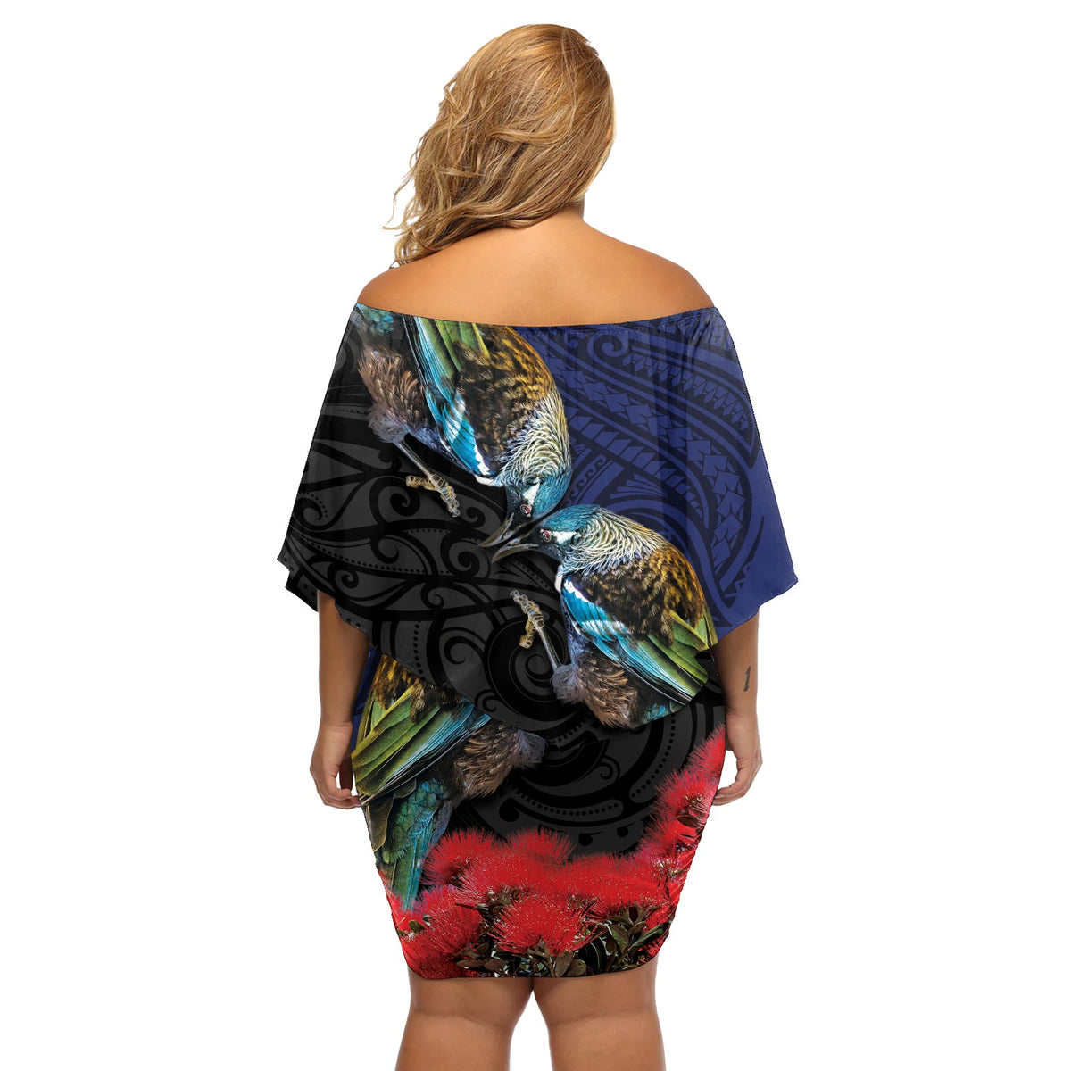Neuseeländisches Maori Hongi Kultur Off Shoulder Kurzes Kleider blumen Tui Vogel Pohutukawa und polynesisches Muster LT03