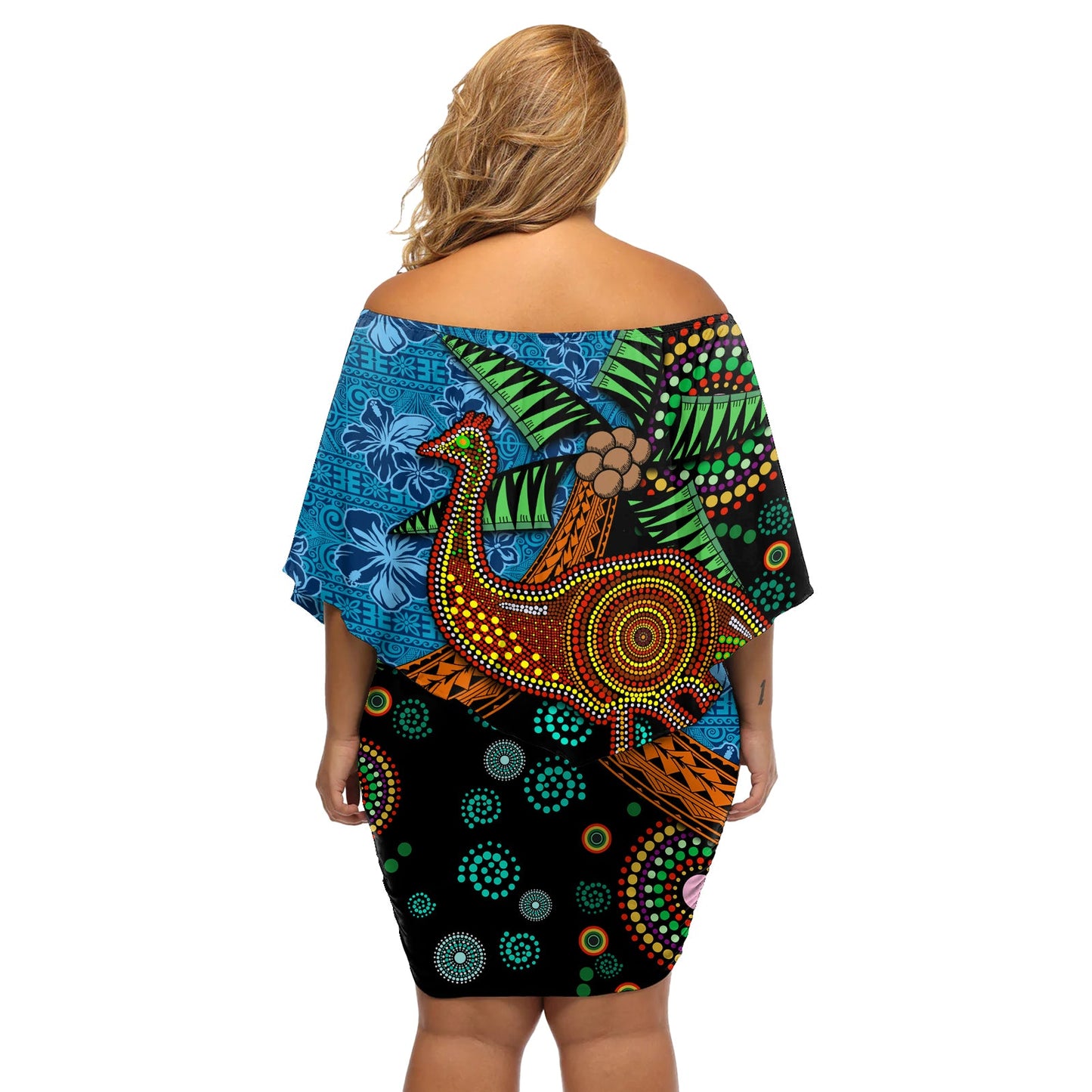 Fidschi und Australien Off Shoulder Kurzes Kleid mit blumen Palme und Abogirinal Emu LT03