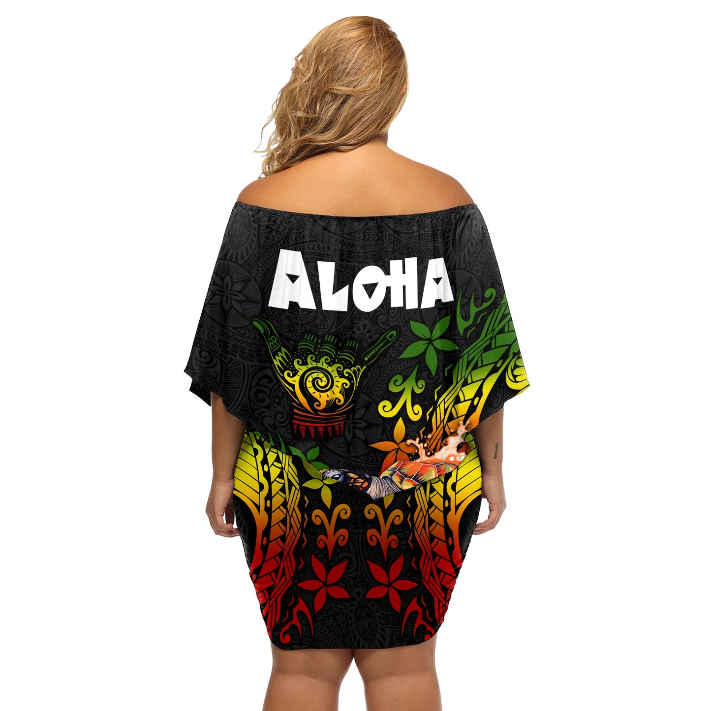 Hawaii Lei Day Schulterfreies Kurzes Kleid blumen Hibiskuskranz und polynesisches Muster LT03