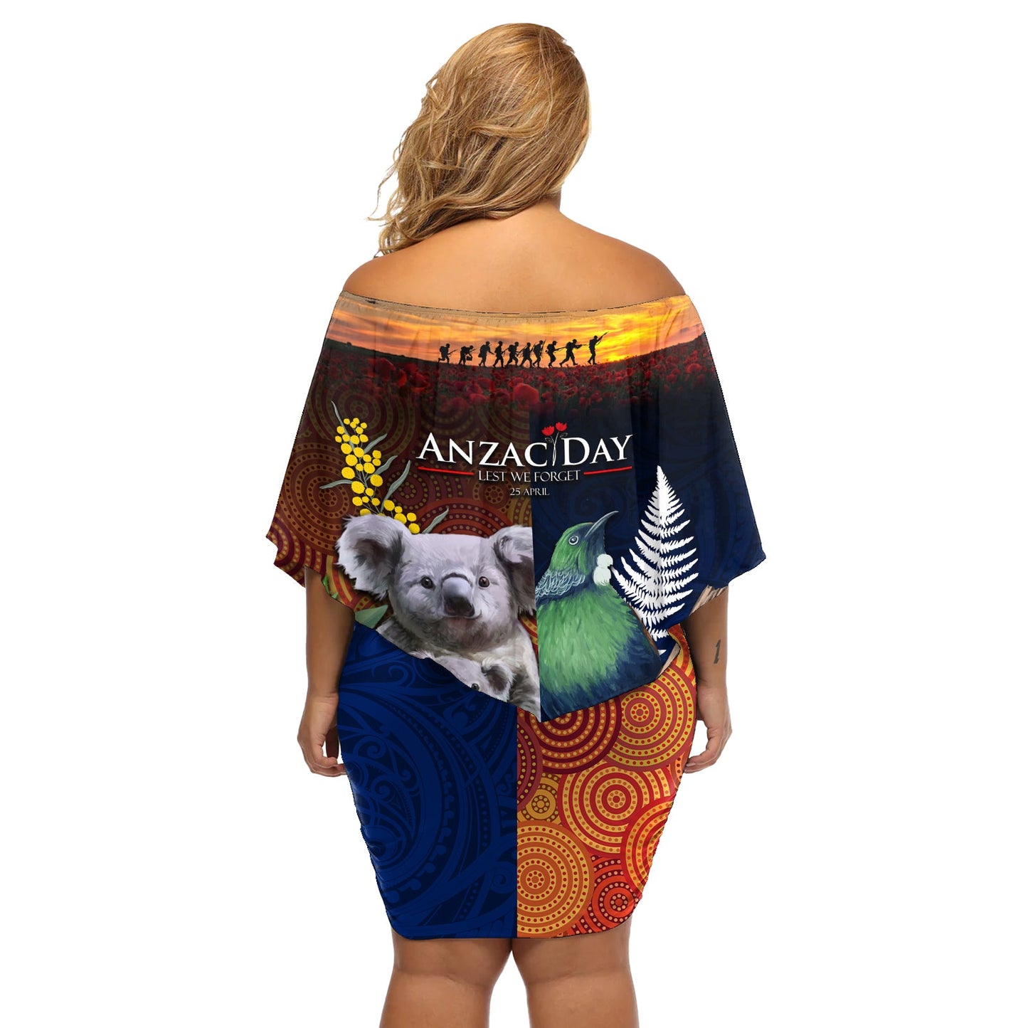 Australien und Neuseeland ANZAC Day Schulterfreies Kurzes Kleid blumen Tui Vogel und Koala Mix Maori und Aborigine Muster LT03