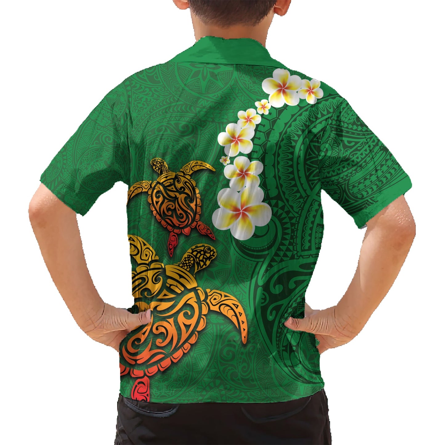 Hawaii Schildkröte Plumeria Blume Hawaiihemd Polynesian Muster Grün Farbe LT03