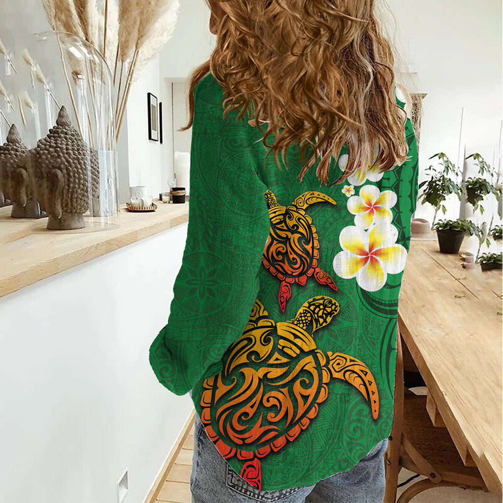 Hawaii Schildkröte Plumeria Blume Frauen Casual Shirt Polynesian Muster grün Farbe LT03