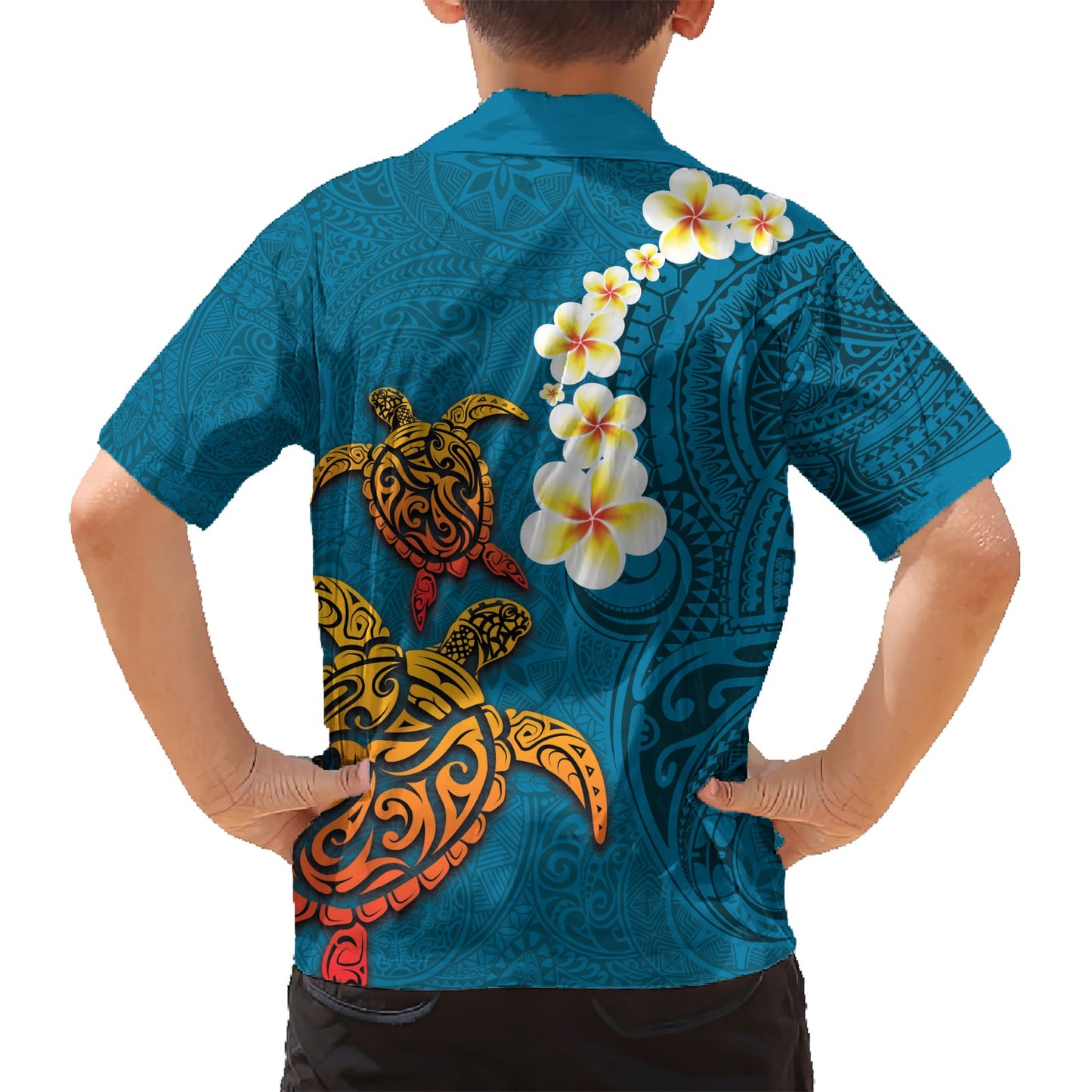 Hawaii Schildkröte Plumeria Blume Hawaiihemd Polynesian Muster Blau Farbe LT03