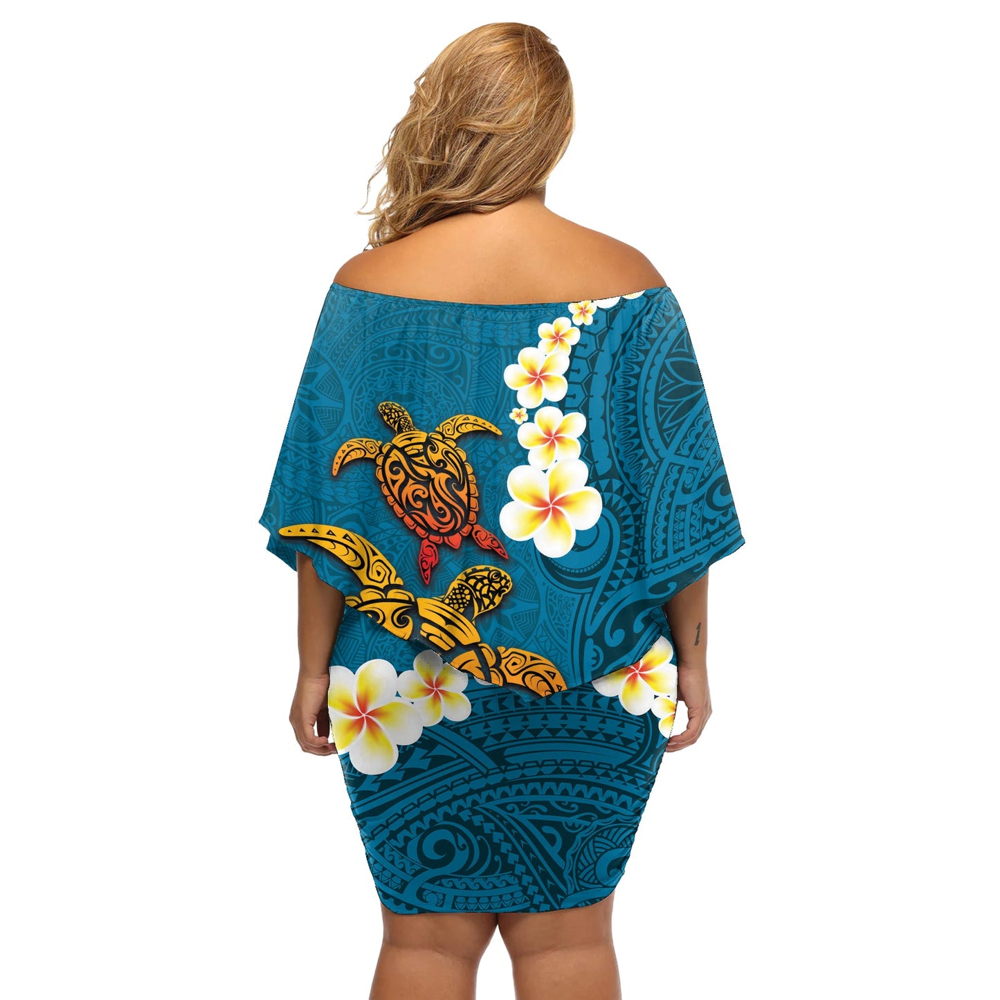 Hawaii Schildkröte Plumeria Blume Off Schulter kurzes Kleider blumen Polynesian Muster blau Farbe LT03