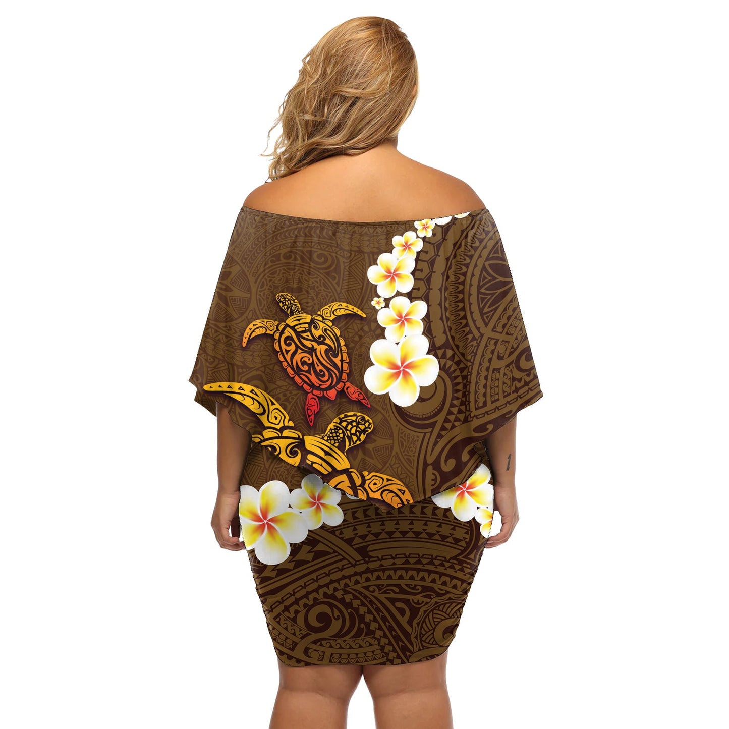 Hawaii Schildkröte Plumeria Blume Off Shoulder Kurzes Kleider blumen Polynesianisches Muster Braun Farbe LT03