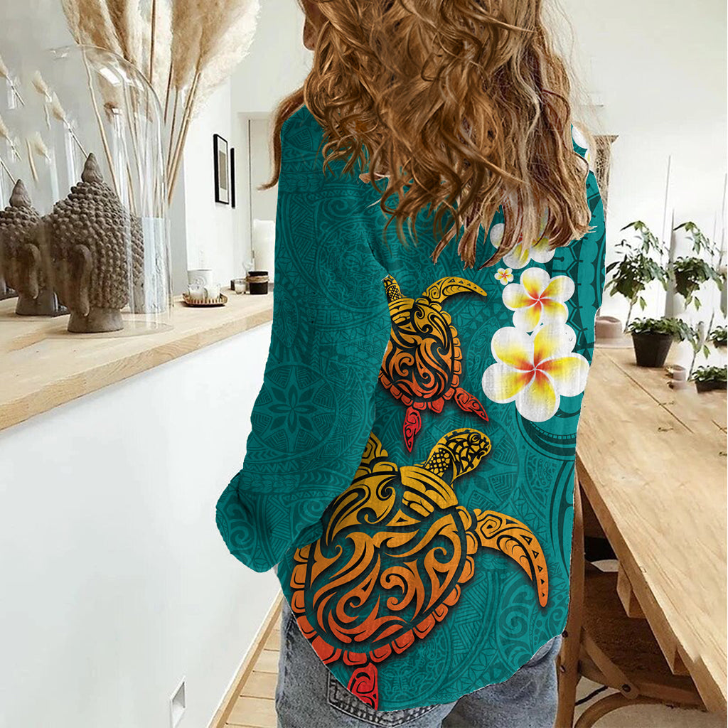Hawaii Schildkröte Plumeria Blume Frauen Casual Shirt Polynesian Muster Türkis Farbe LT03