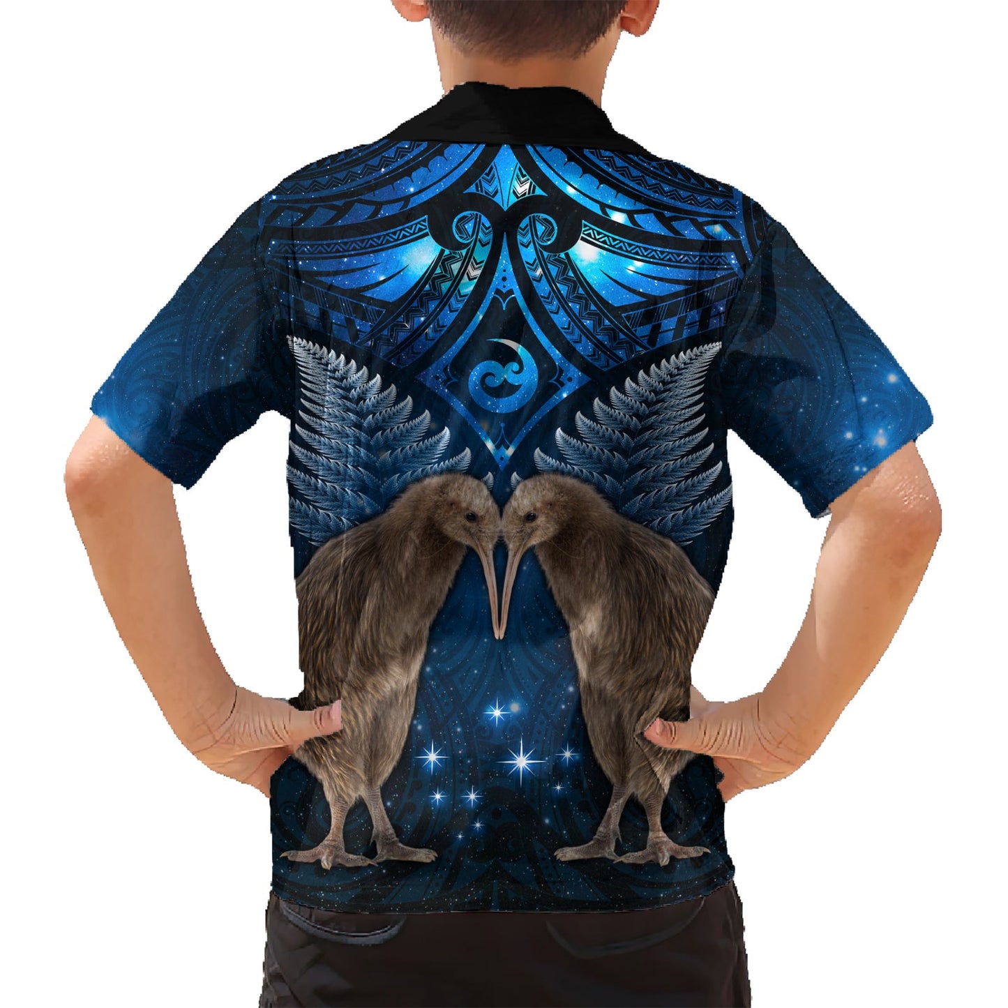 Neuseeländisches Maori Matariki Hawaiihemd Hongi Kiwi Vogel und Silberfarn LT03