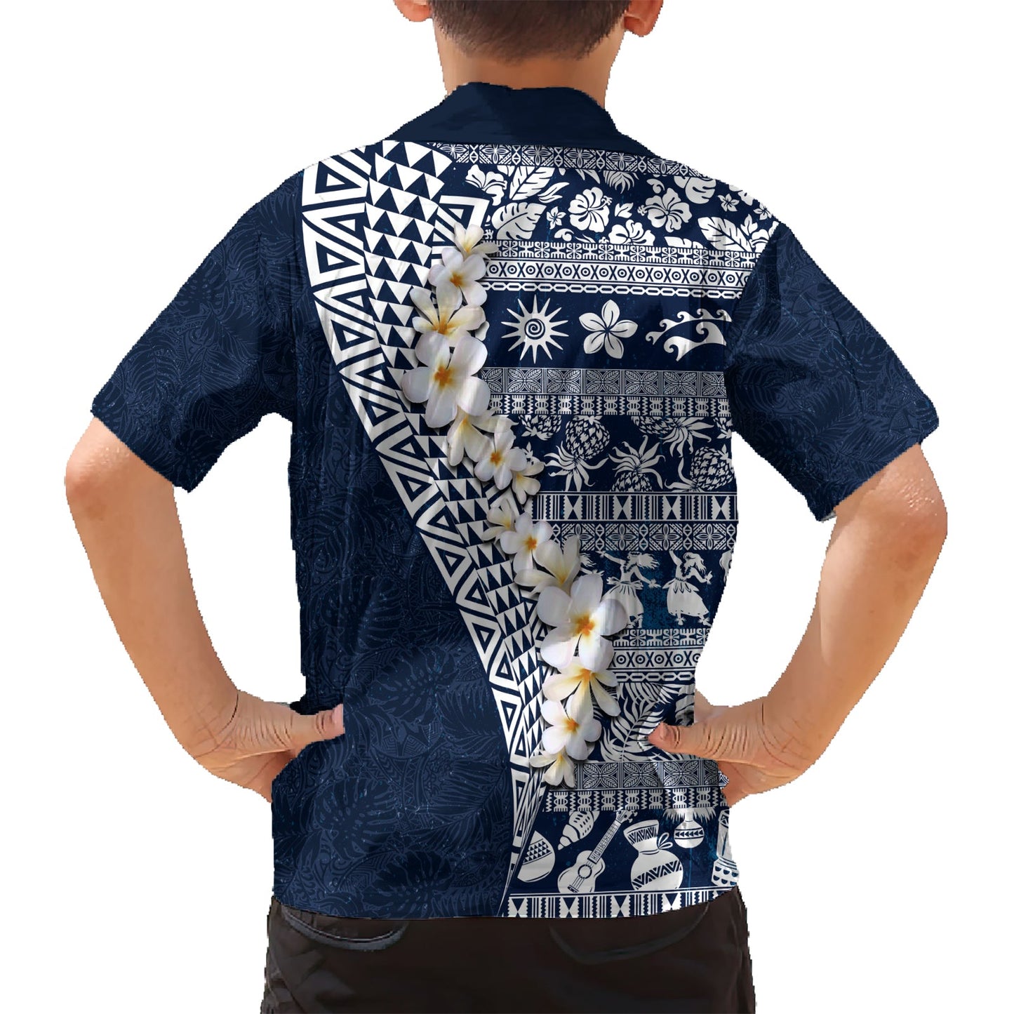 Hawaii Plumeria Tribal Vintage Hawaiihemd Spezial Blau LT03