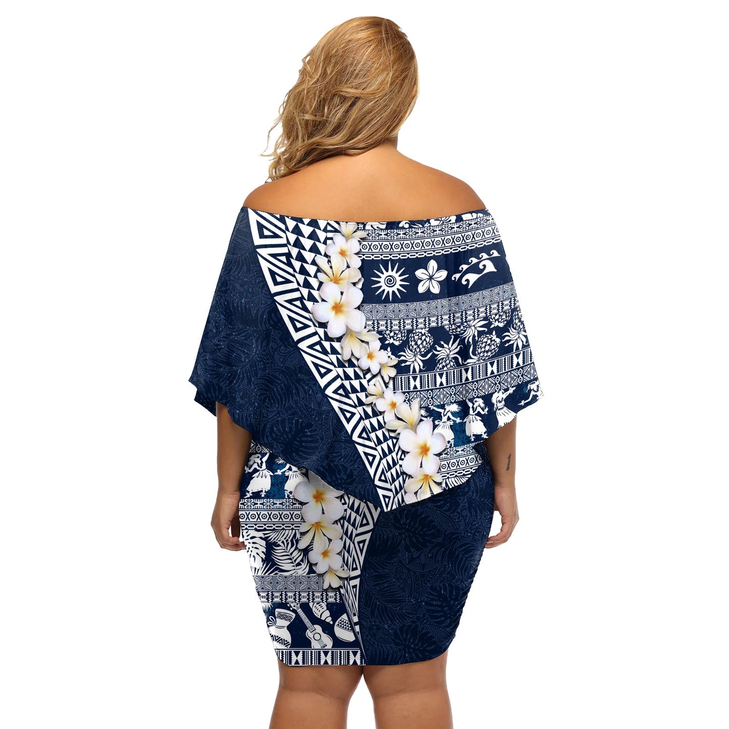 Hawaii Plumeria Tribal Vintage Schulterfreies Kurzes Kleid blumen Spezial Blau LT03