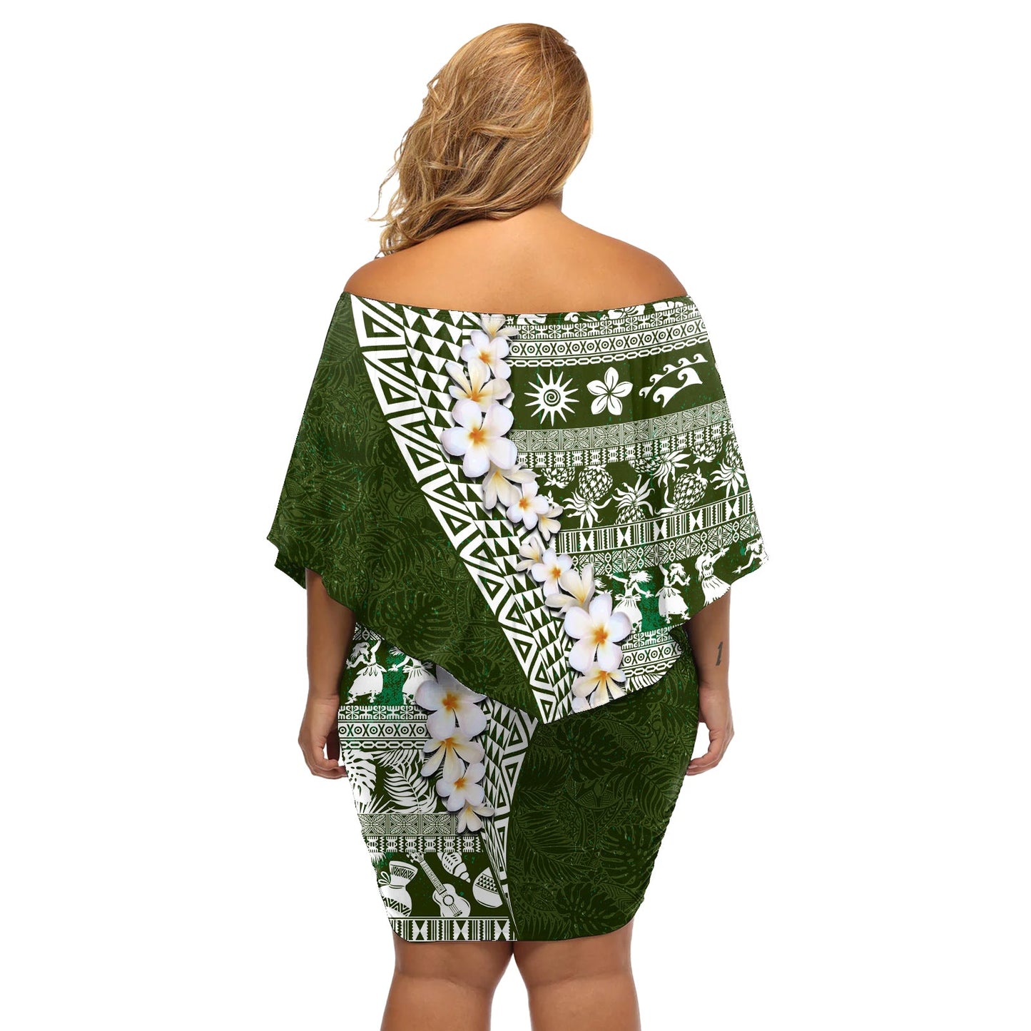 Hawaii Plumeria Tribal Vintage Schulterfreies Kurzes Kleid blumen Spezial Grün LT03