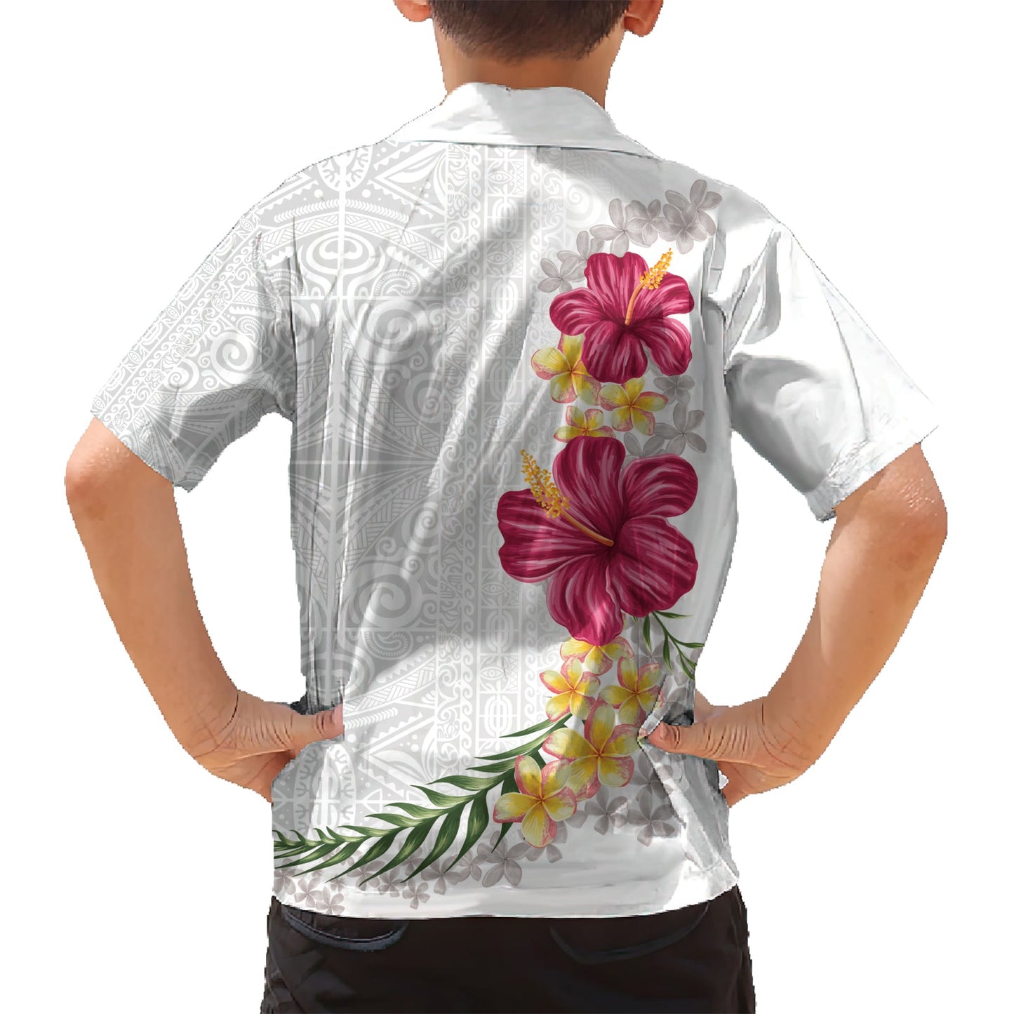 Hawaiihemd mit Plumeria und Hibiskus, Weiß, Mode LT03