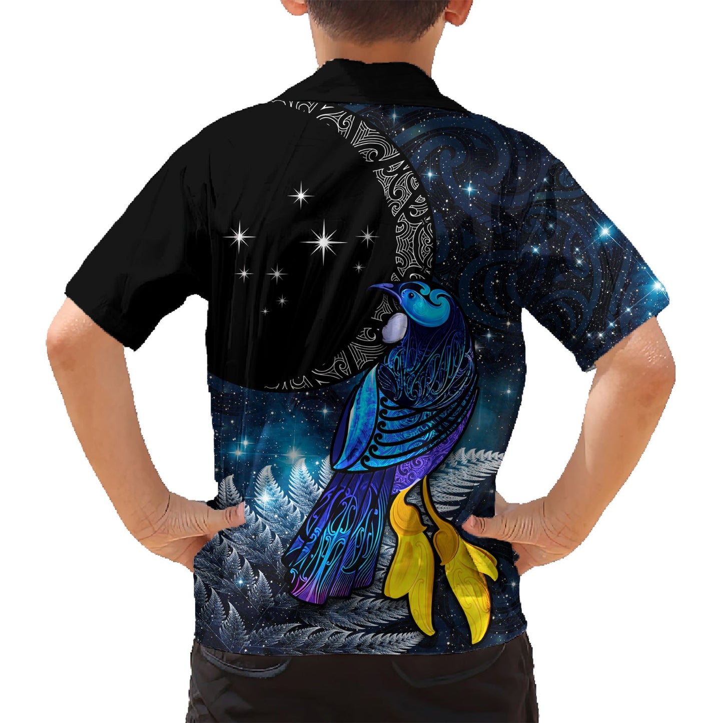 Neuseeland Tui Vogel Matariki Hawaiihemd Galaxy Farn mit Maori Muster LT03