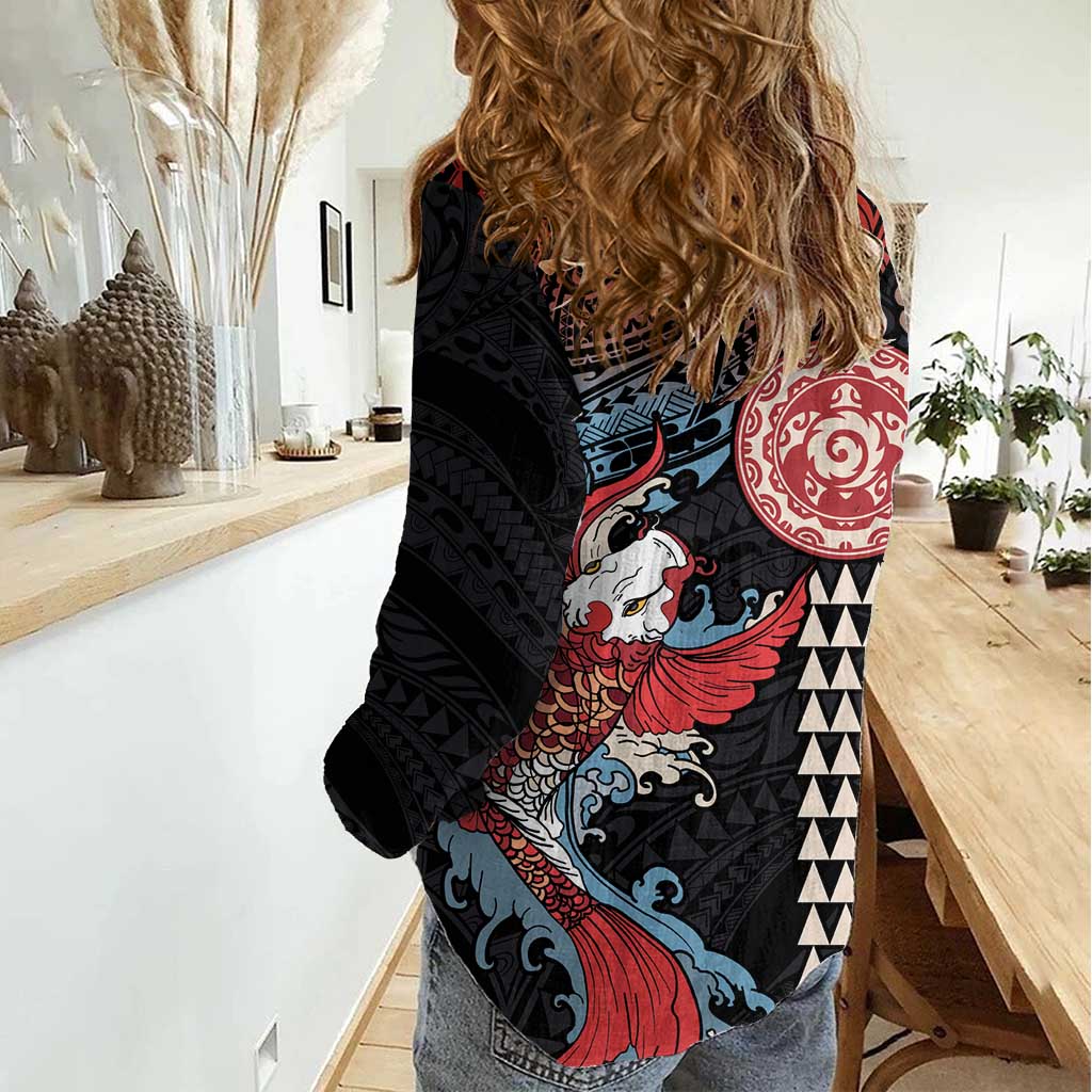 Hawaii und Japanisch Zusammen Damen Freizeithemd Koi Fisch und Kakau Muster LT03