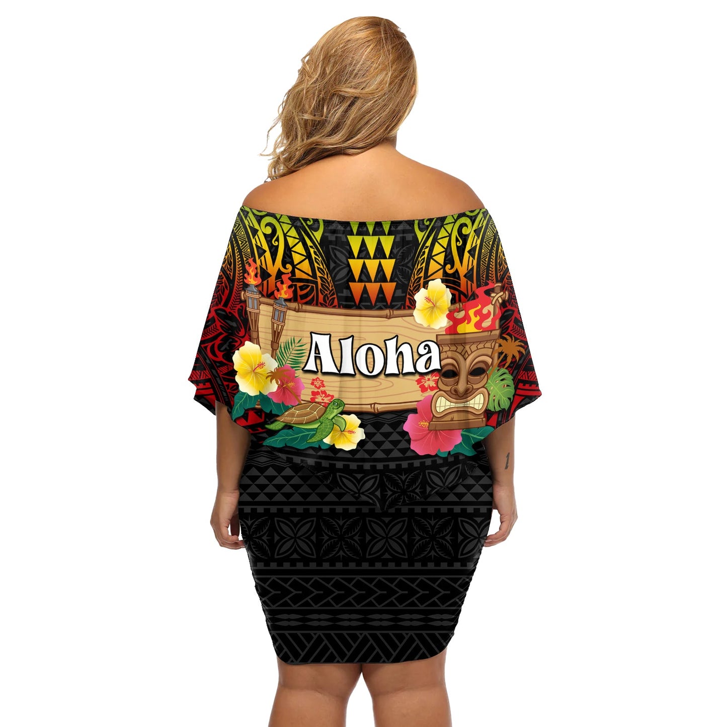 Schulterfreies, kurzes Kleid blumen mit hawaiianischen Elementen und polynesischem Tattoo LT03