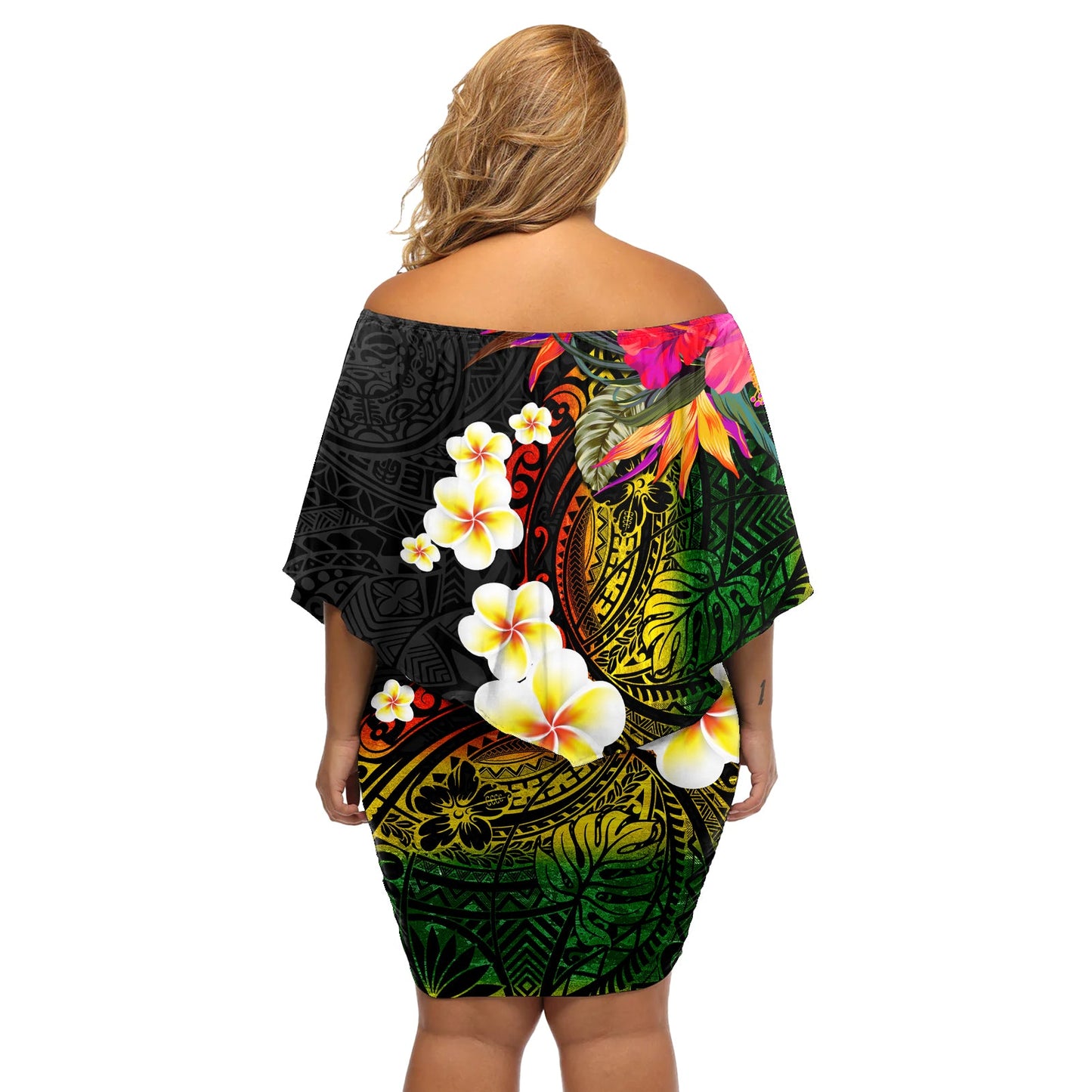 Hawaii Plumeria Off Shoulder Kurzes Kleid blumen Polynesianisches Tattoo und Hibiskus LT03