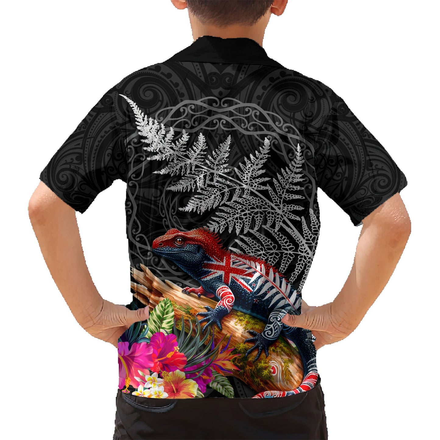Neuseeland Tuatara Hawaiihemd Silberfarn Hibiskus und Tribal Maori Muster Schwarz Farbe LT03
