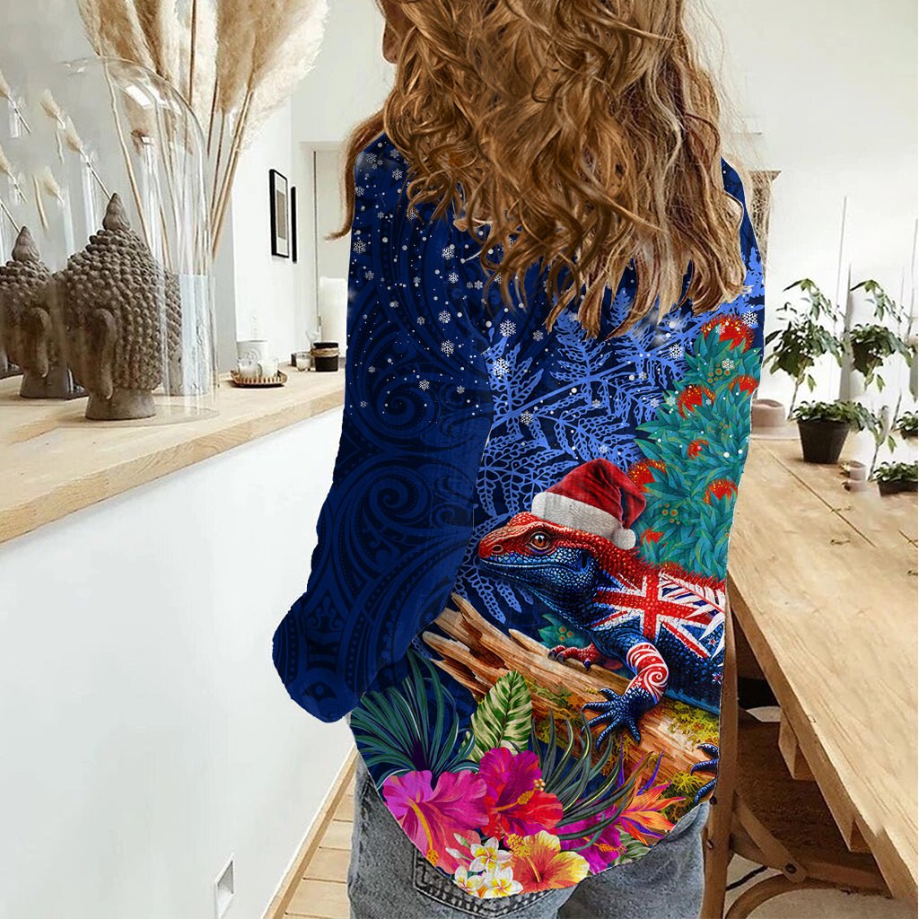 Neuseeland Tuatara Weihnachten Frauen Casual Shirt Silber Farn und Weihnachten Pohutukawa Baum Blau Farbe LT03