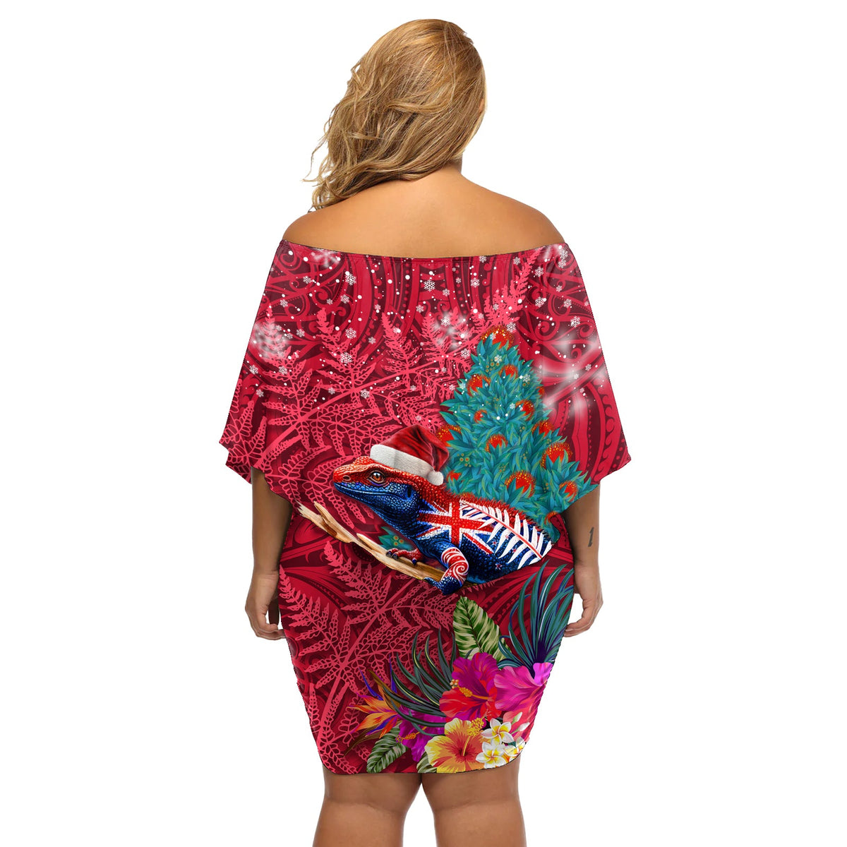 Neuseeland Tuatara Weihnachten Off Schulter kurzes Kleid mit blumen Silber Farn und Weihnachten Pohutukawa Baum rot Farbe LT03