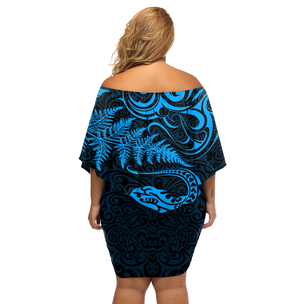 Neuseeland Tuatara Tribal Tattoo Off Shoulder Kurzes Kleid mit blumen Silberfarn und Maori Muster Blau Farbe LT03