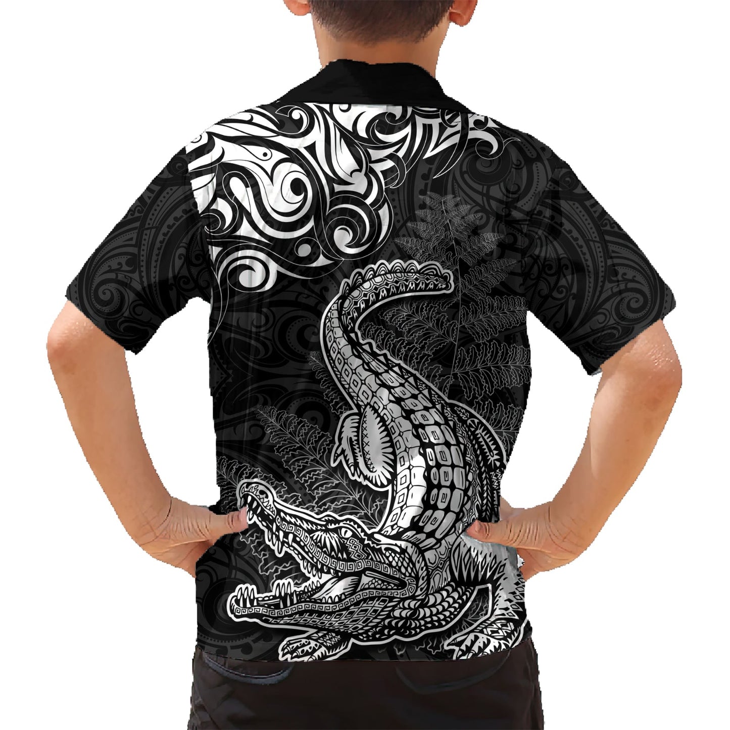 Hawaiihemd mit Maori-Muster, Neuseeland-Krokodil-Tattoo und Farn LT03