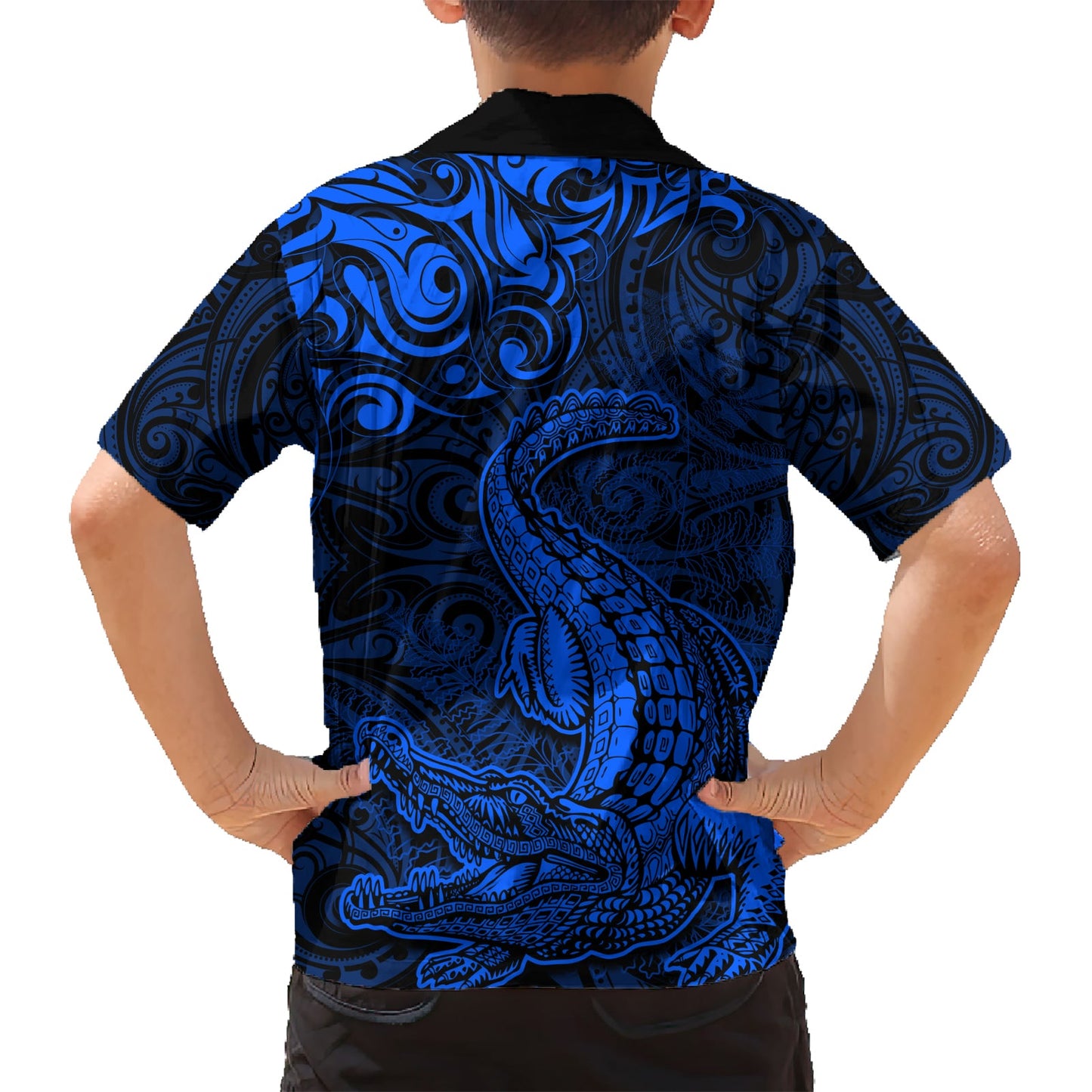 Hawaiihemd mit neuseeländischem Krokodil-Tattoo und Farn, Maori-Muster, Farbe Blau, LT03
