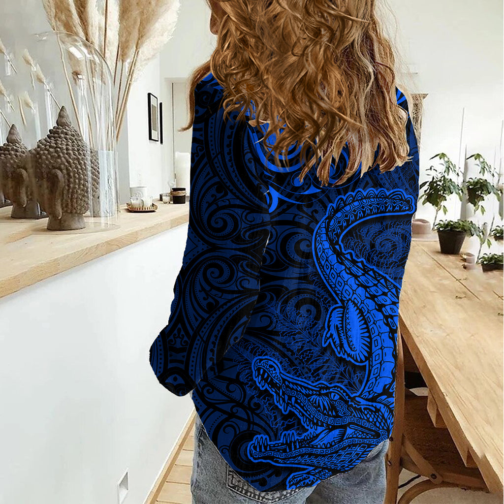 Neuseeland Krokodil Tattoo und Farn Frauen Casual Shirt Maori Muster Blau Farbe LT03