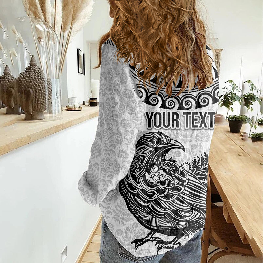 Benutzerdefinierte Neuseeland Frauen Casual Shirt Tui Vogel und Koru Kreis Mix Silber Farn Muster LT03