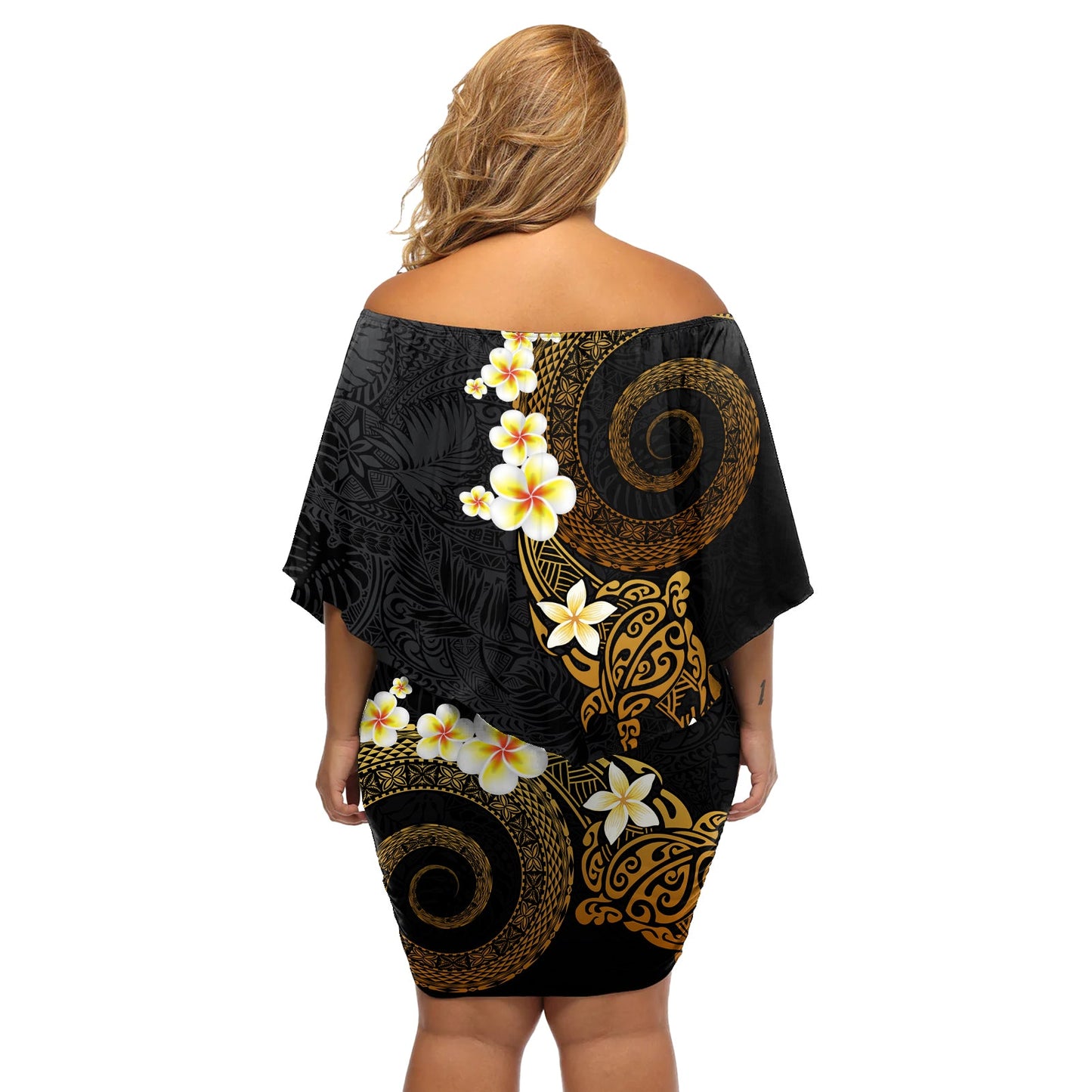 Polynesisches Spiral Tribal Tattoo Schulterfreies Kurzes Kleid blumen Goldene Farbe LT03