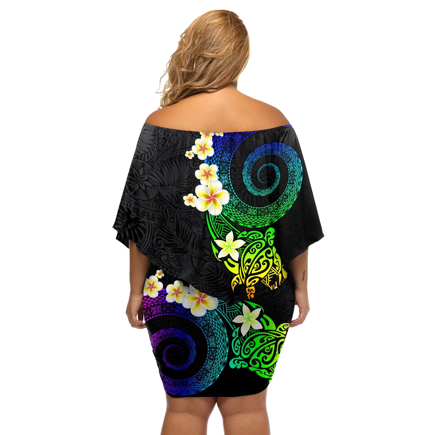 Polynesisches Spiral-Tribal-Tattoo, schulterfreies, kurzes Kleid blumen, fantasievolle Farbe LT03
