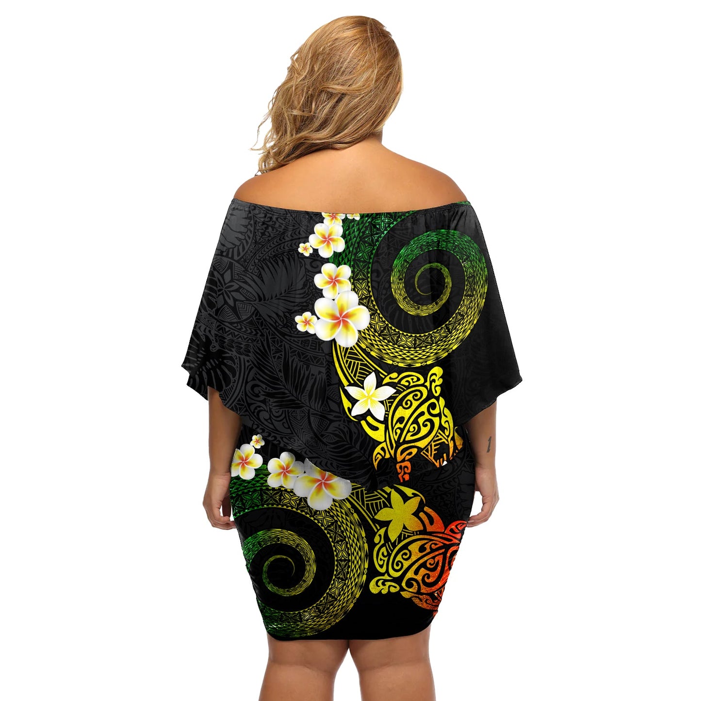 Polynesisches Spiral-Tribal-Tattoo, schulterfreies kurzes Kleid blumen, Reggae-Farbe LT03