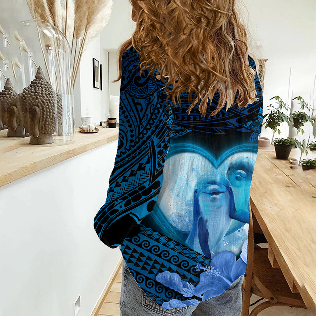 Delphin Paar Liebesgeschichte Valentinstag Frauen Casual Shirt mit polynesischen Tribal Tattoo blau Stil LT03