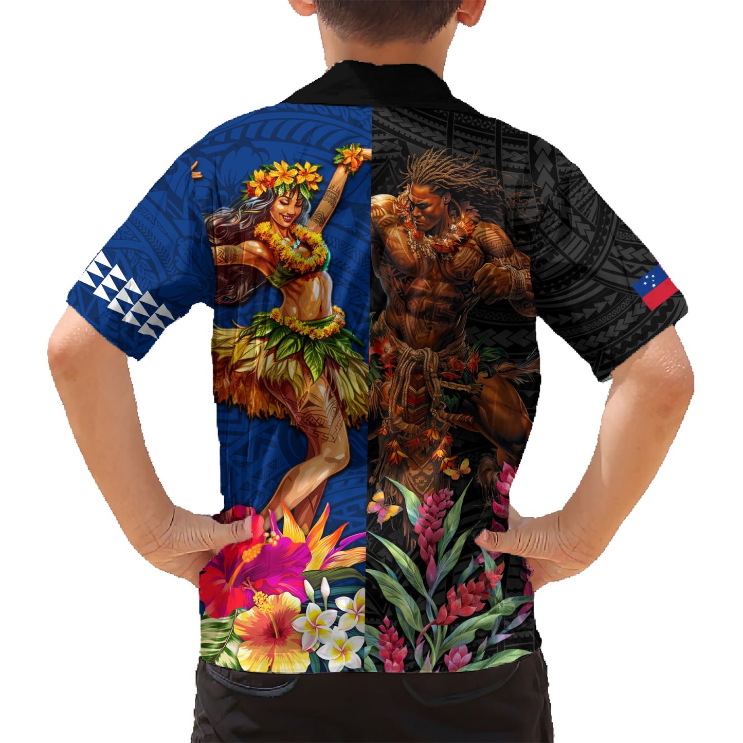 Hawaii und Samoa zusammen Hawaiian Shirt Samoan Krieger und Schönheit Hula Mädchen LT03
