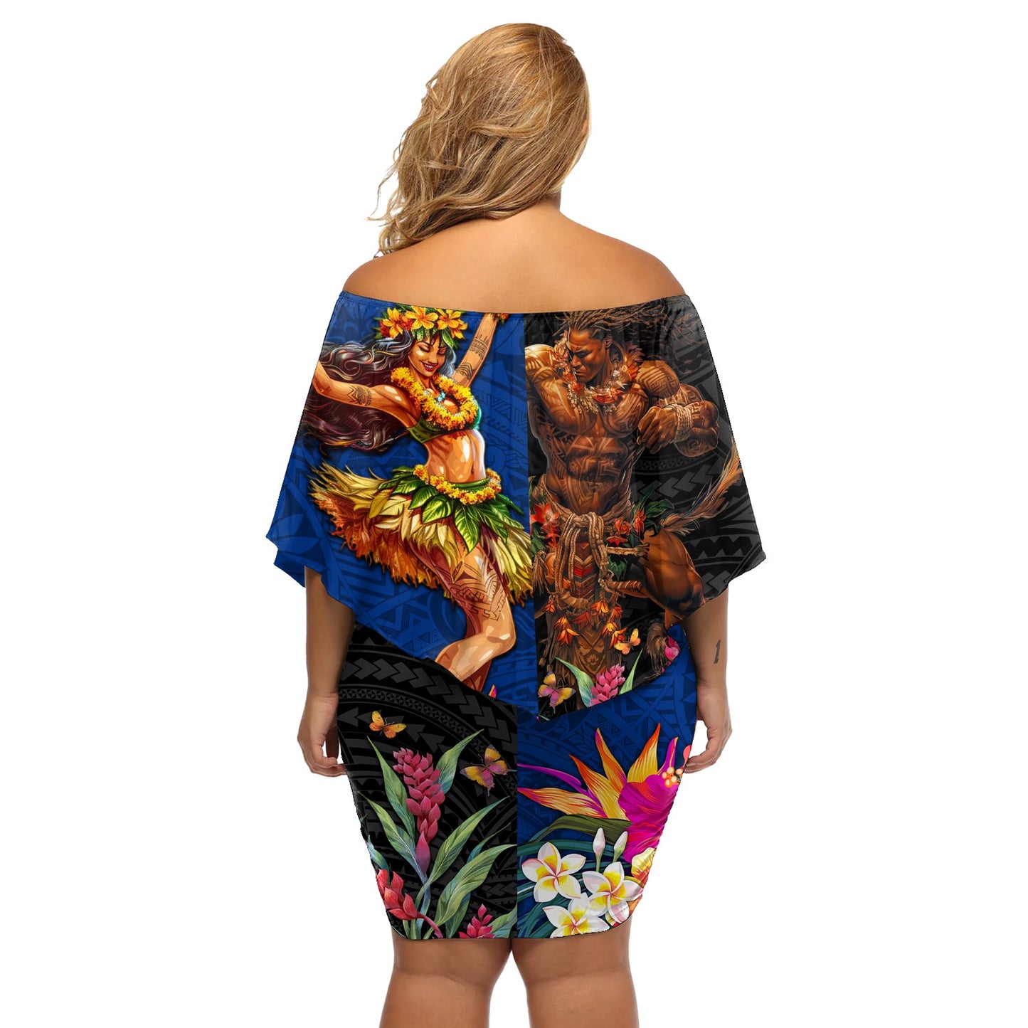 Hawaii und Samoa zusammen schulterfreies kurzes Kleid blumen Samoanische Kriegerin und Schönheit Hula-Mädchen LT03