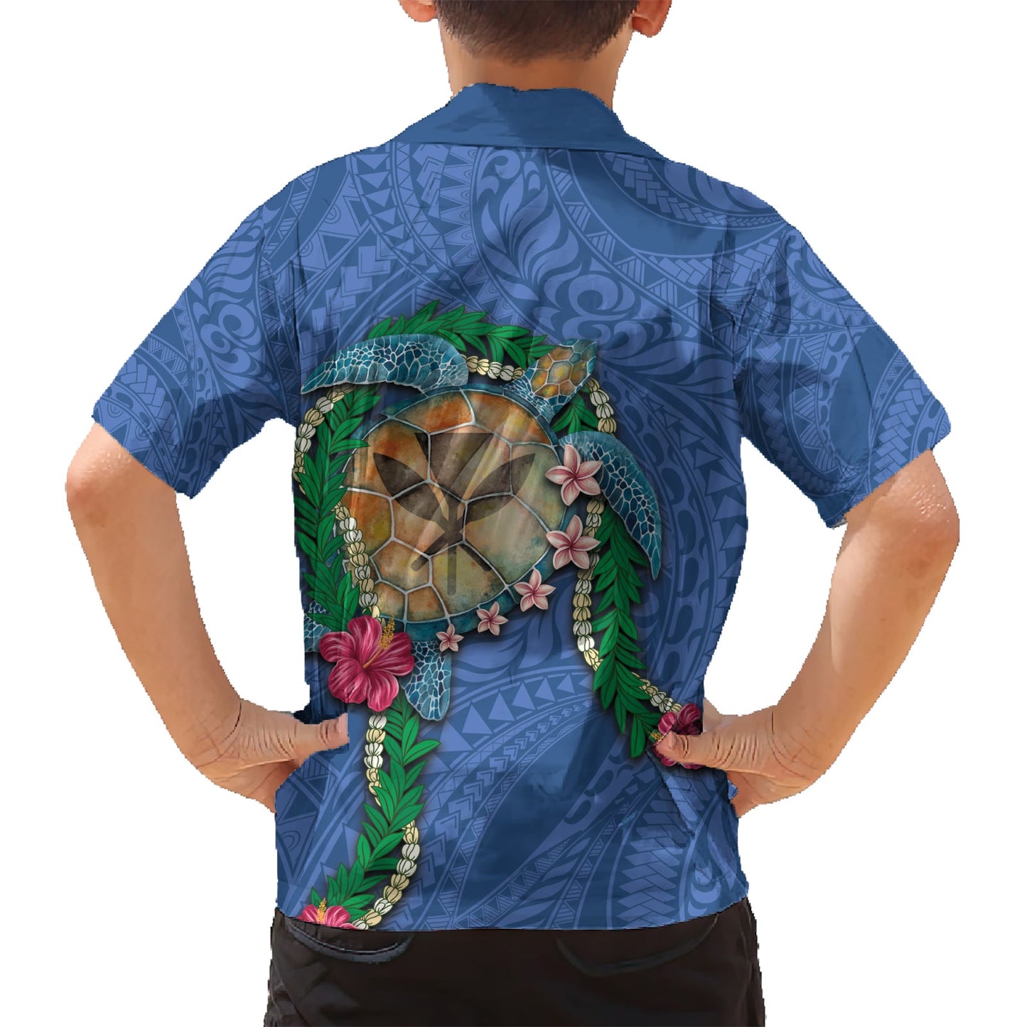 Hawaii Pikake und Maile Lei Hawaiihemd Honu Polynesianisches Muster Blau Farbe LT03