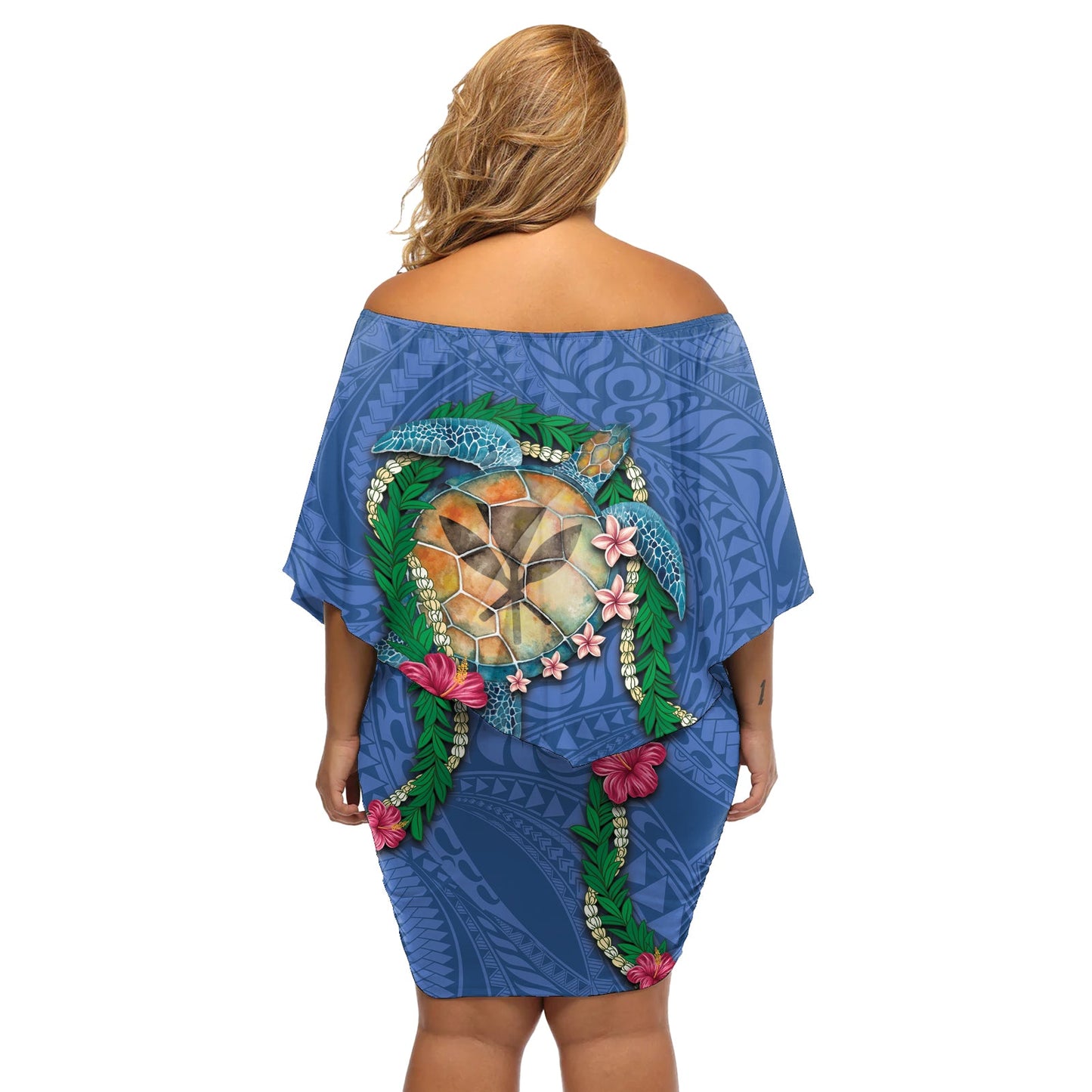 Hawaii Pikake und Maile Lei Off Shoulder Kurzes Kleider blumen Honu Polynesianisches Muster Blau Farbe LT03