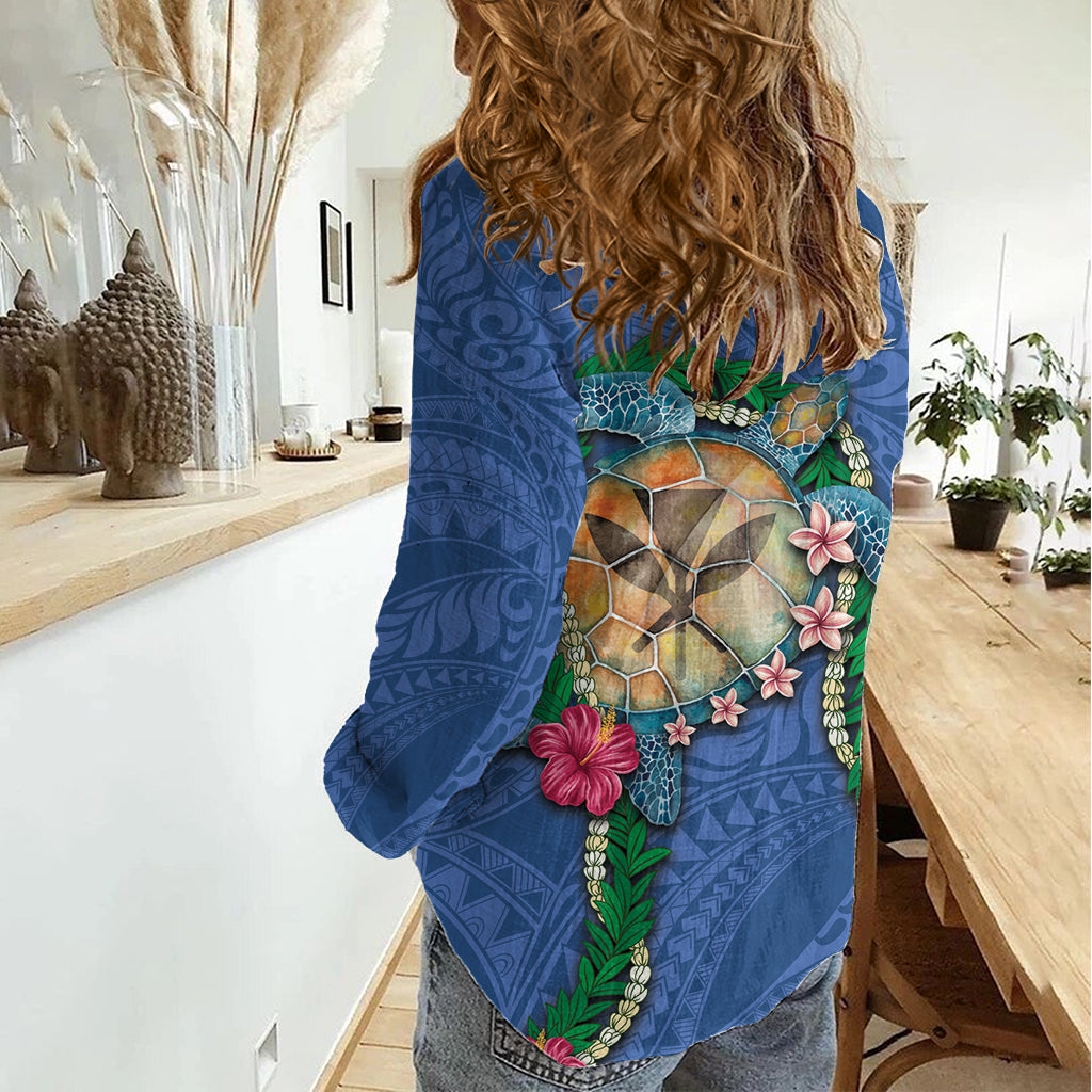 Hawaii Pikake und Maile Lei Damen Freizeithemd Honu Polynesian Muster Blau Farbe LT03