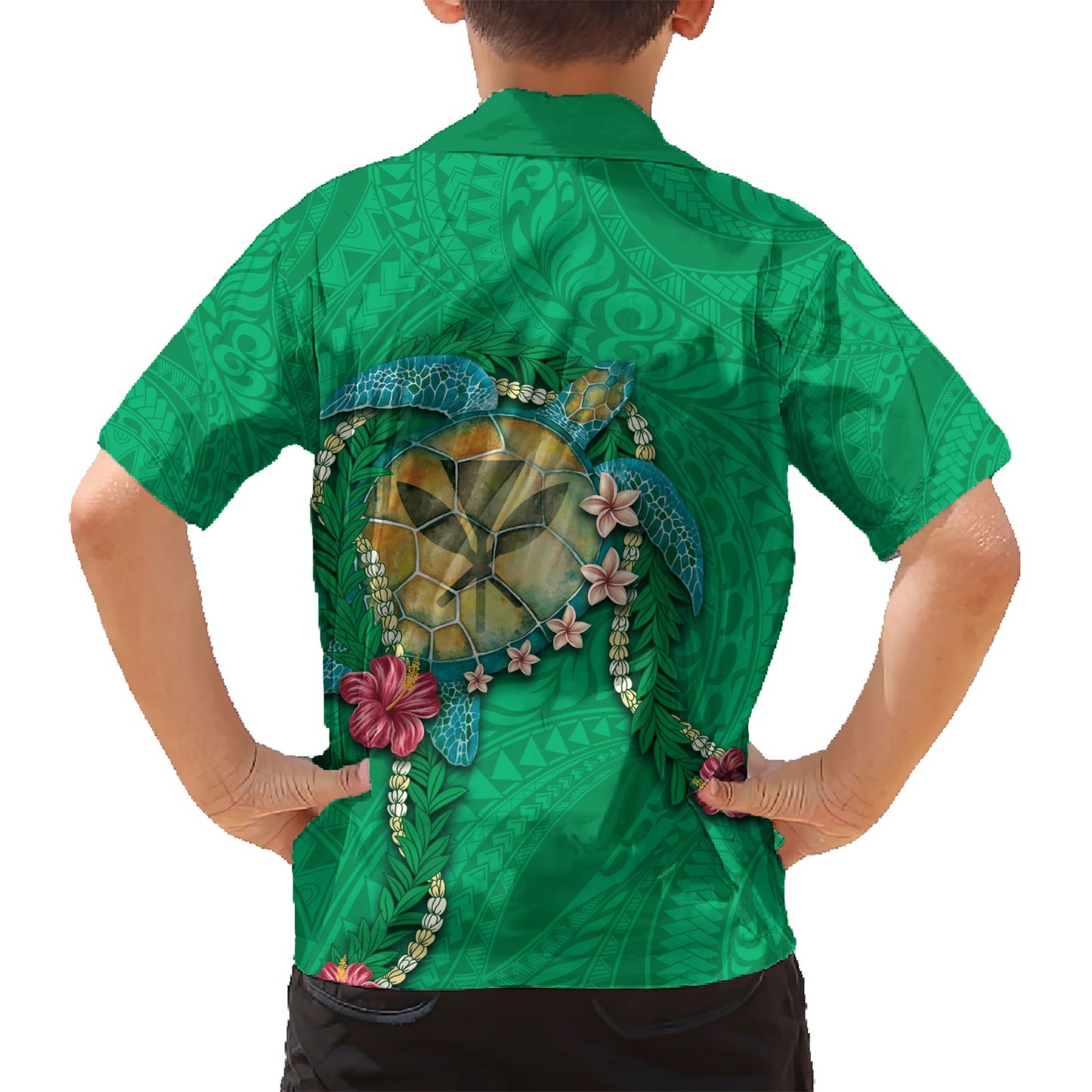 Hawaii Pikake und Maile Lei Hawaiihemd Honu Polynesian Muster Grün Farbe LT03