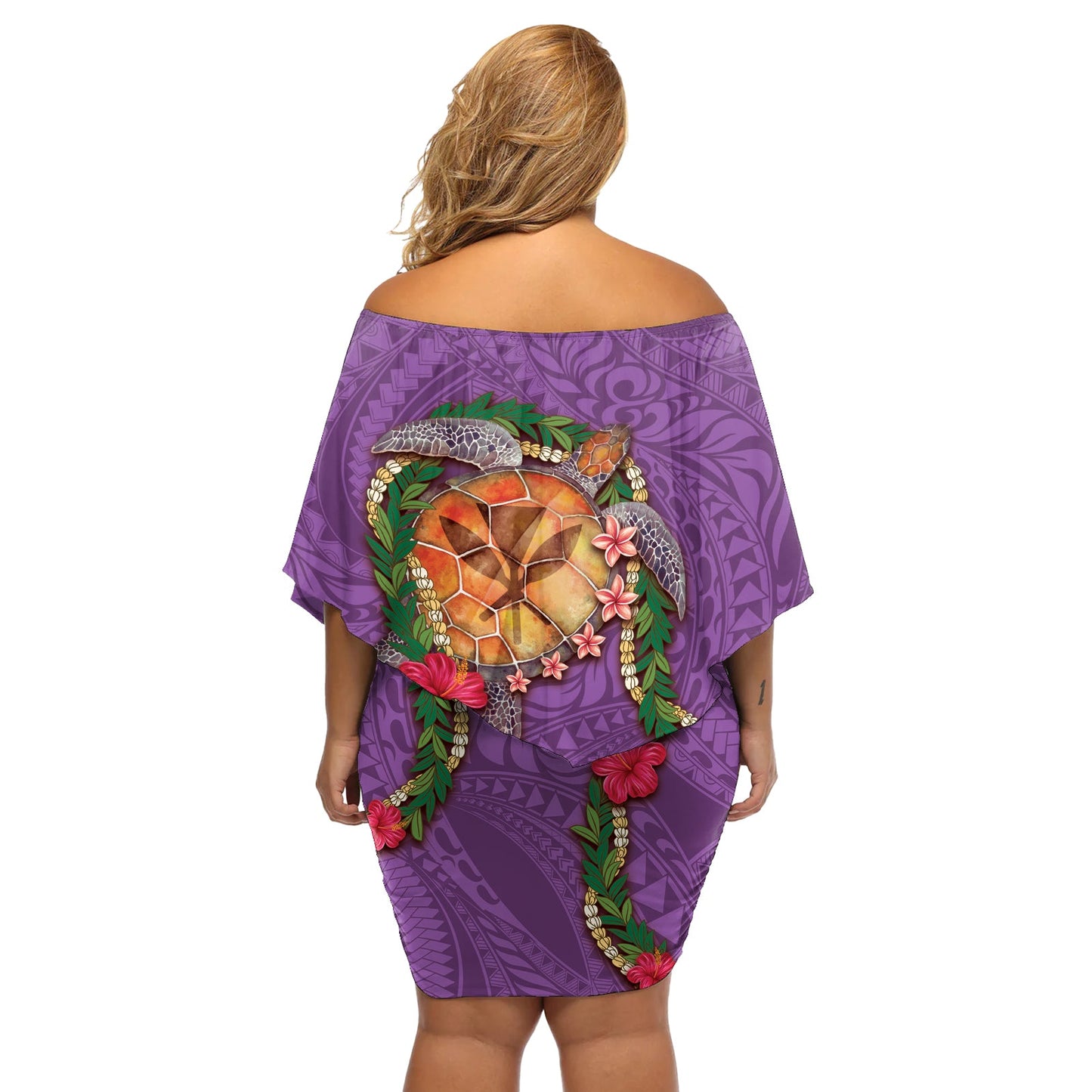 Hawaii Pikake und Maile Lei Off Shoulder Kurzes Kleider blumen Honu Polynesianisches Muster Rosa Farbe LT03