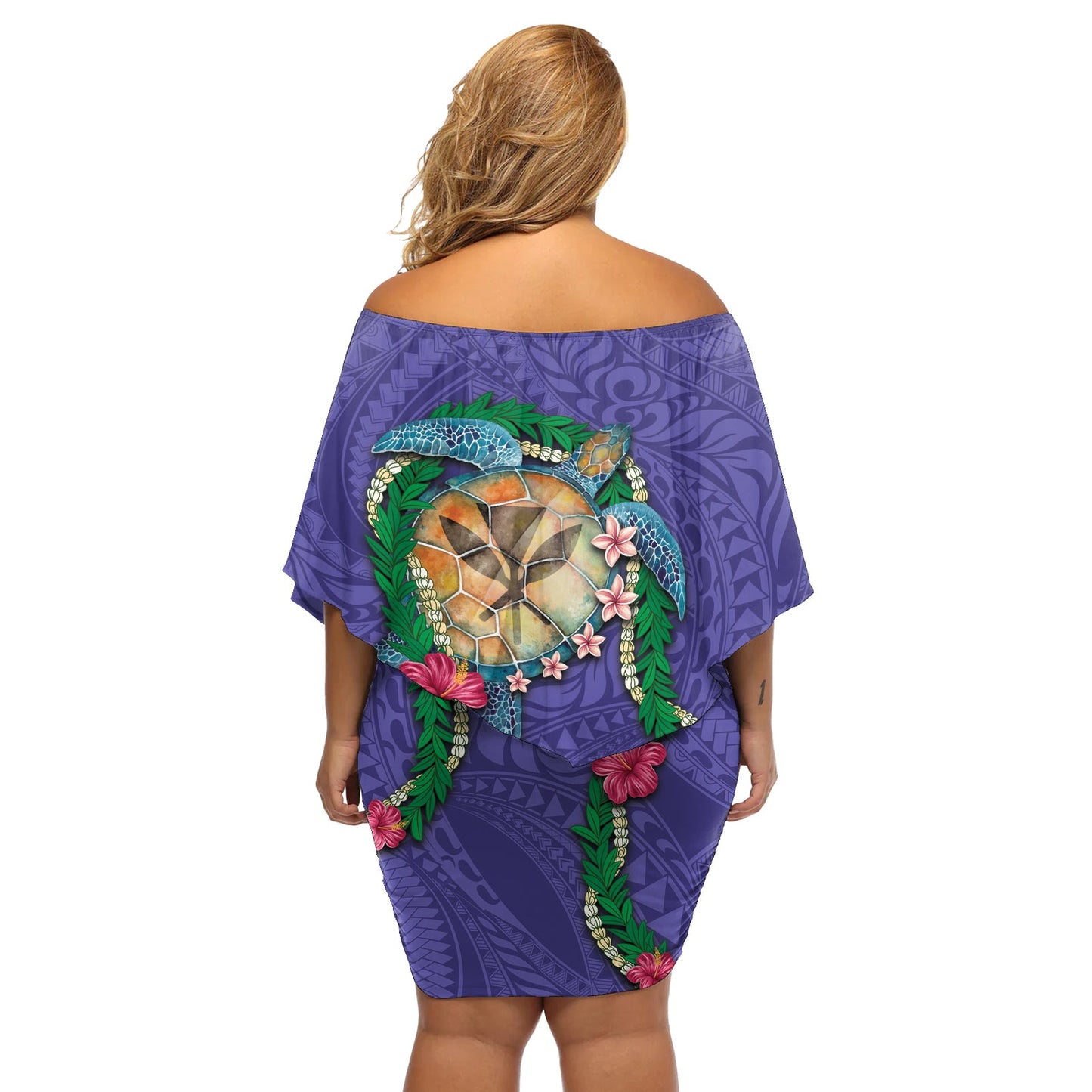 Hawaii Pikake und Maile Lei Off Shoulder Kurzes Kleider blumen Honu Polynesianisches Muster Lila Farbe LT03