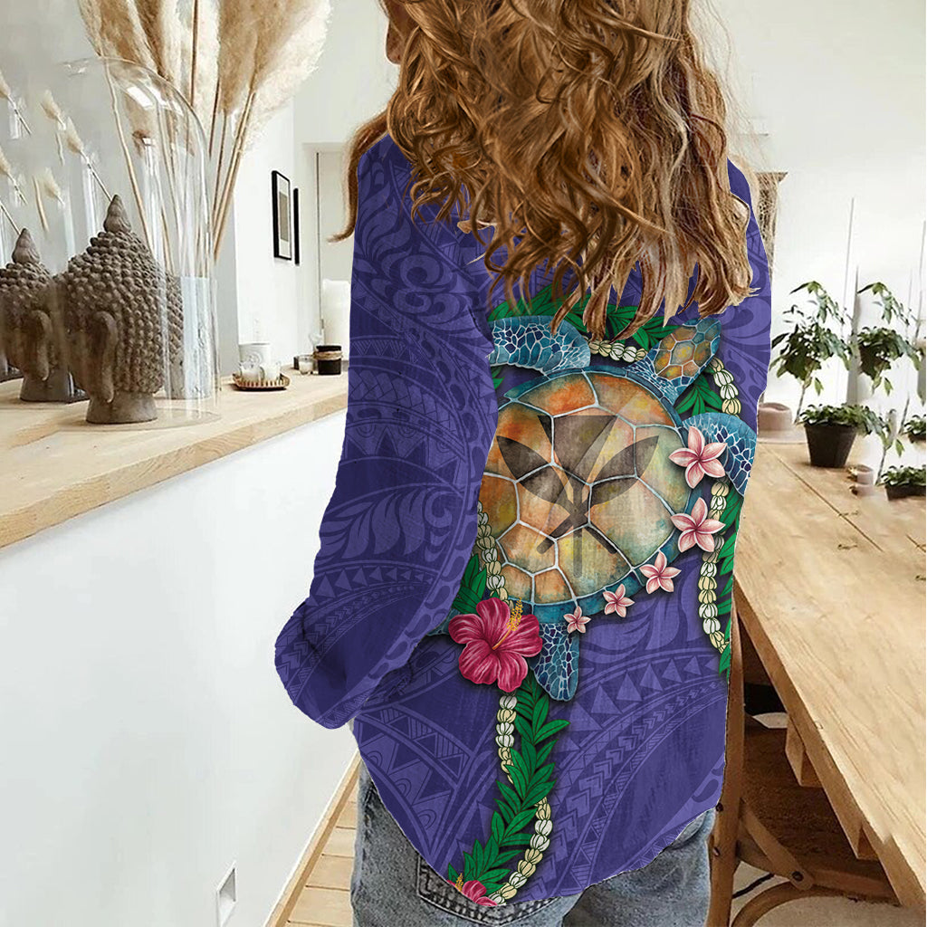 Hawaii Pikake und Maile Lei Damen Freizeithemd Honu Polynesian Muster Lila Farbe LT03