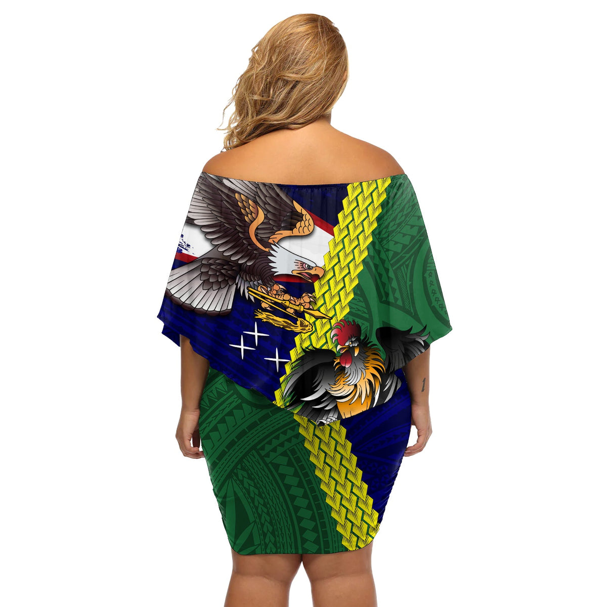 Manu'a Island und Amerikanisch-Samoa schulterfreies kurzes Kleid mit blumen Hahn und Adler Maskottchen LT03