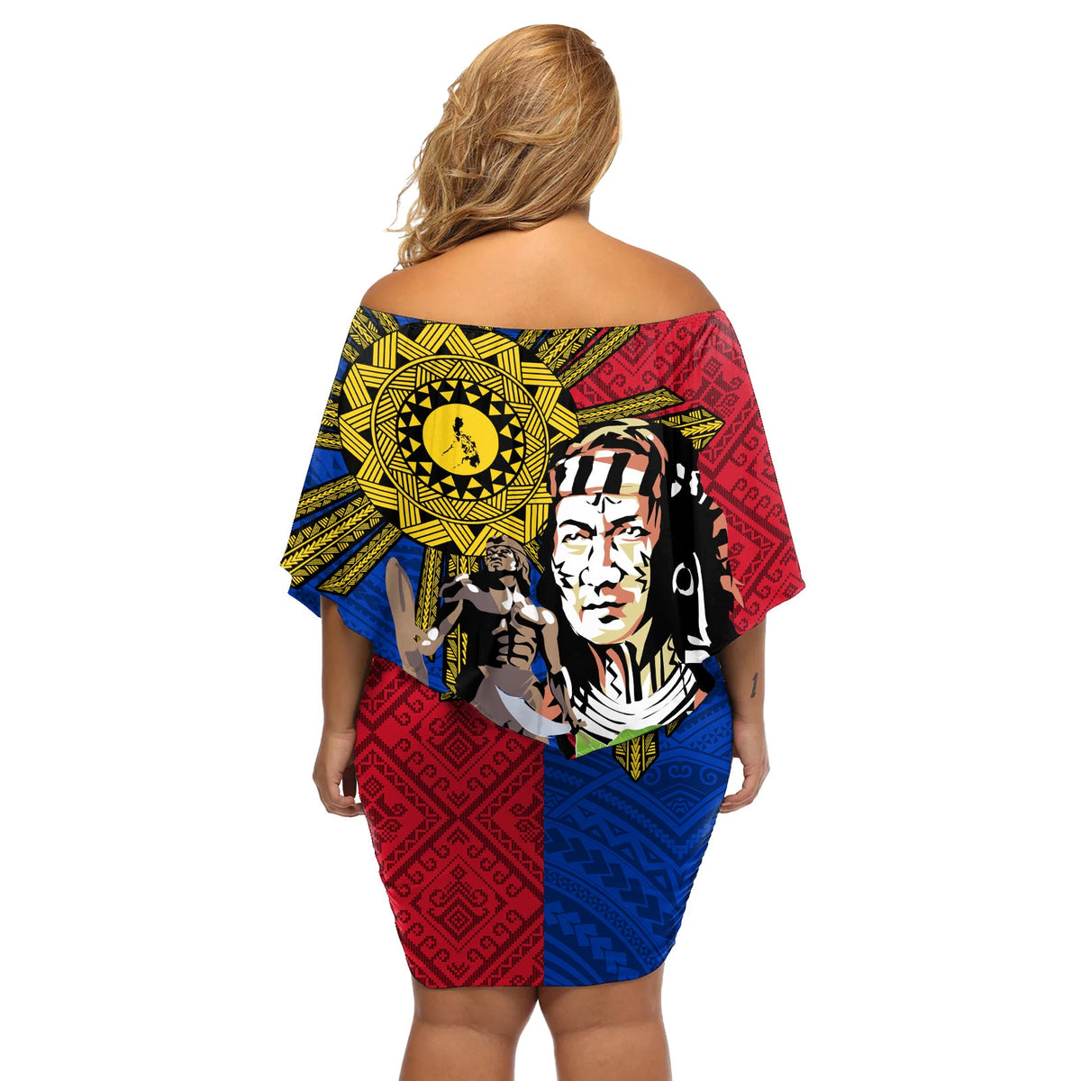 Philippinen Lapu-Lapu Off Shoulder Kurzes Kleid mit blumen Filipino Sun Tattoo mit Yakan Muster LT03