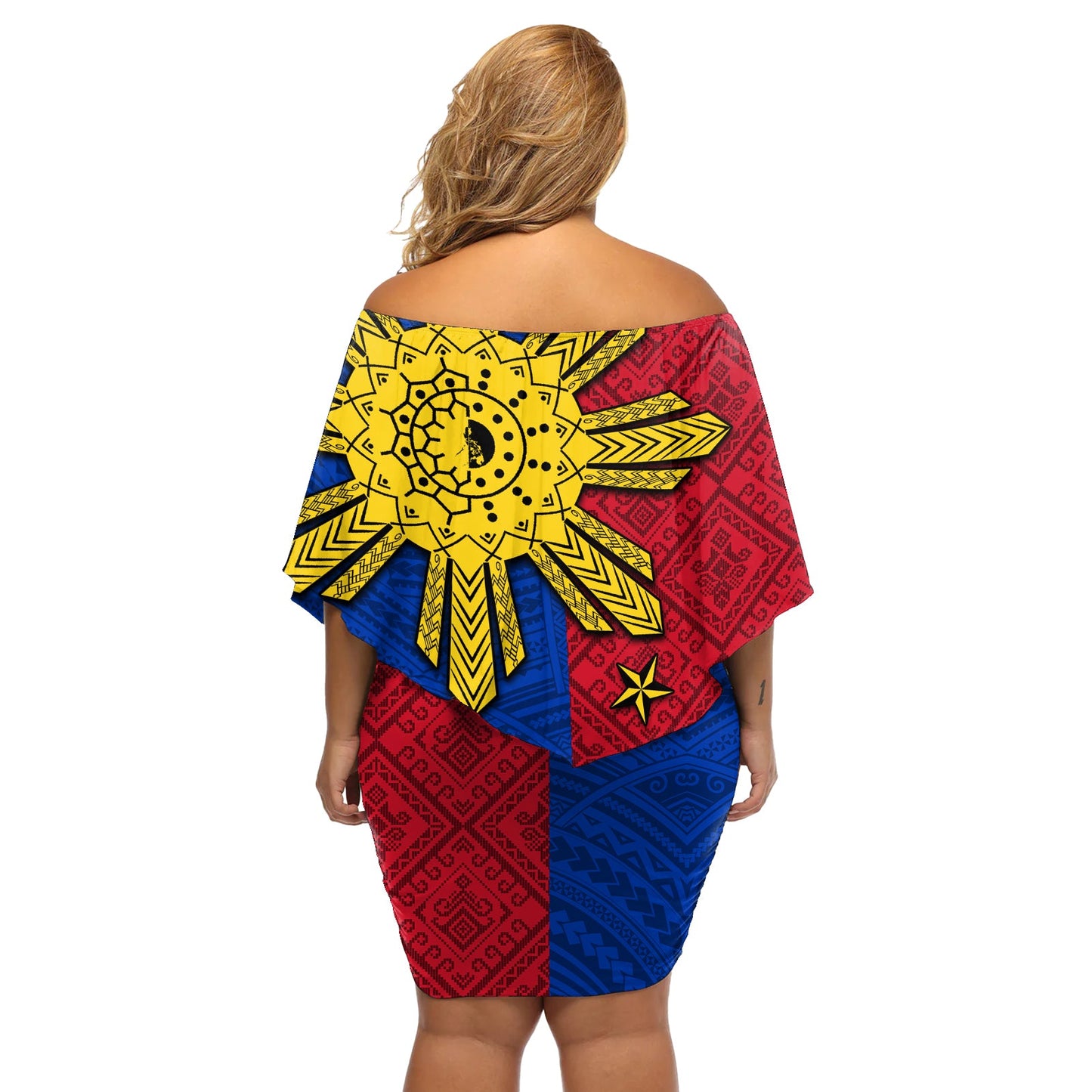 Philippinen Sun Batok Tattoo Off Shoulder Kurzes Kleid mit blumen Polynesisches und Yakan Muster LT03