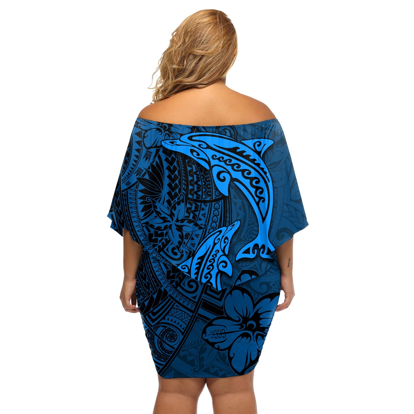 Polynesischer Delfin Valentinstag Schulterfreies Kurzes Kleid blumen Hibiskus und Tribal Tattoo Blau Stil LT03