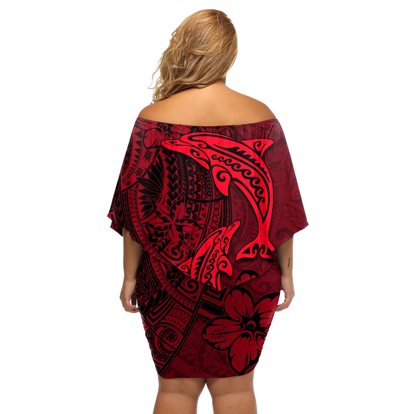 Polynesischer Delfin Valentinstag Schulterfreies Kurzes Kleid blumen Hibiskus und Tribal Tattoo Rot Stil LT03