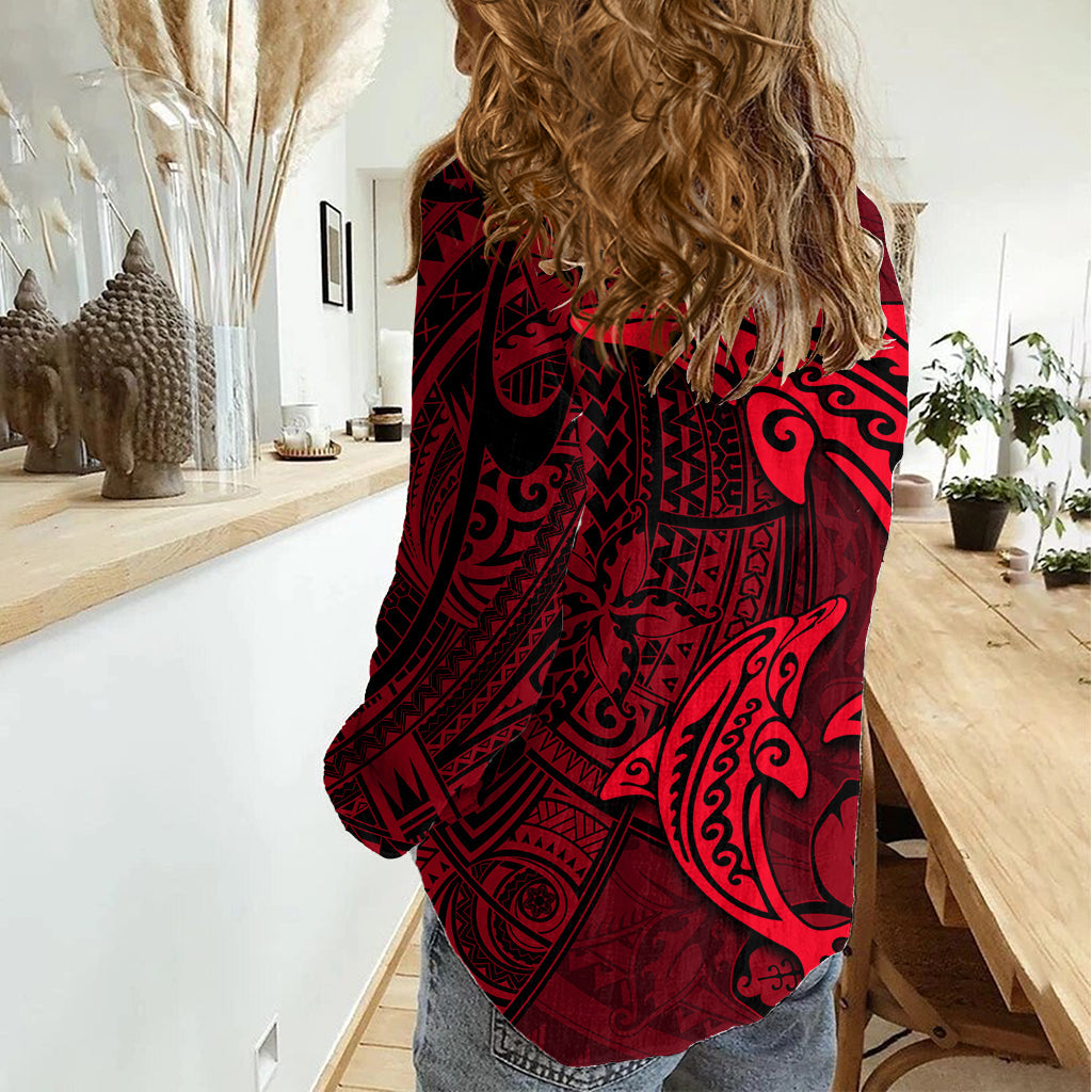 Polynesisches Delfin-Valentinstag-Frauen-Freizeithemd mit Hibiskus und Tribal-Tattoo, rot, Stil LT03