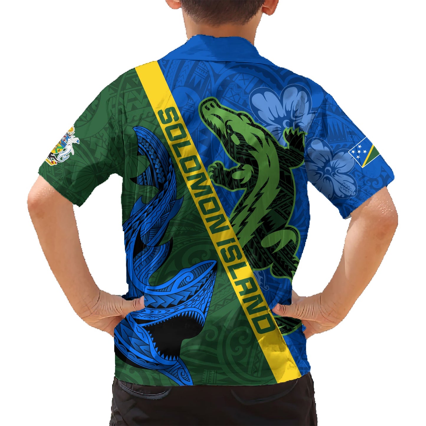 Salomon-Inseln Krokodil und Hai Hawaiihemd Polynesisches Muster LT03